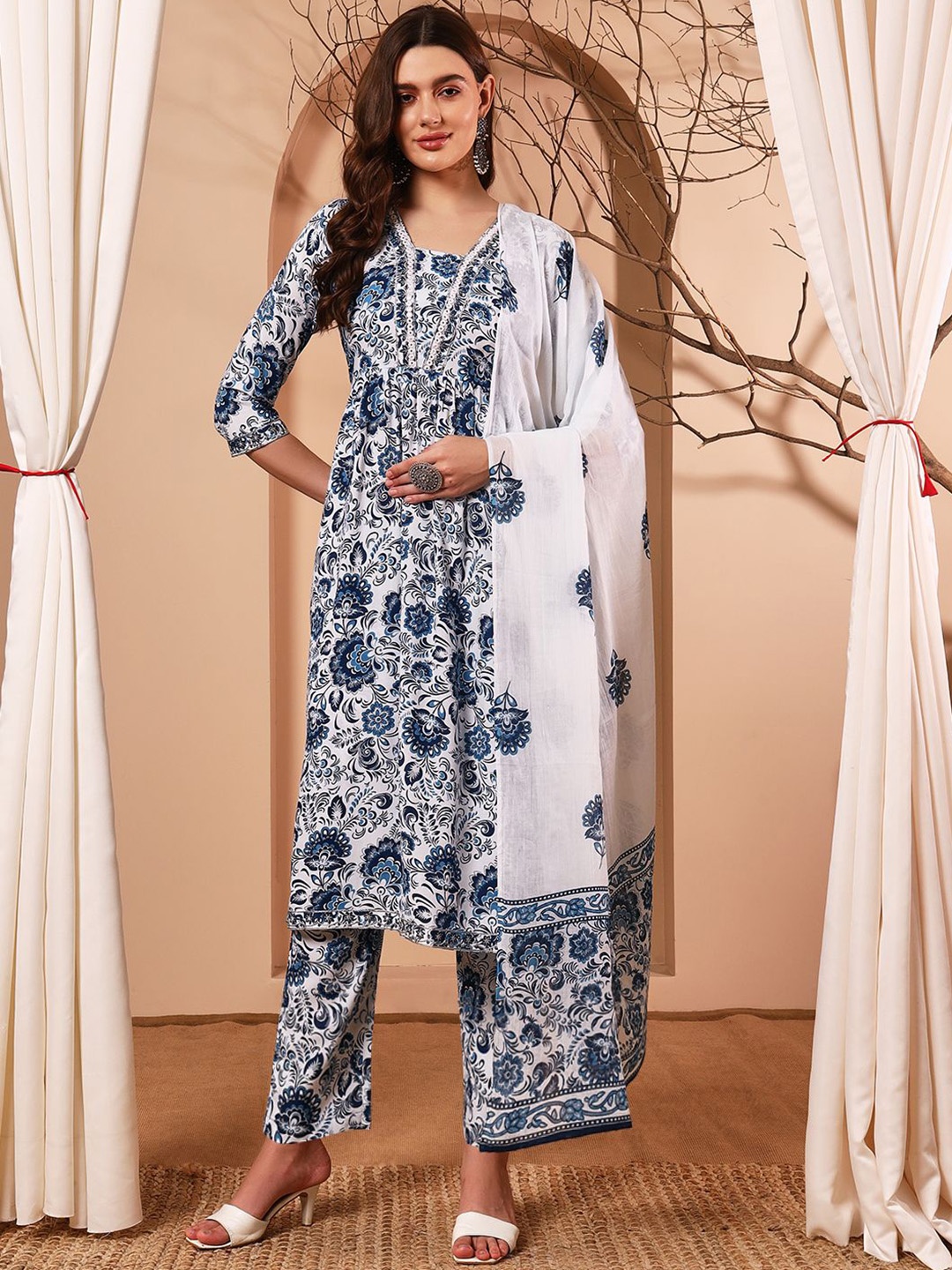 Nisha Fashion Floral Printed Thread Work A Line Kurta with Palazzos & Dupatta, White
Nisha Fashion Floral Printed Thread Work A Line Kurta with Palazzos & Dupatta, White