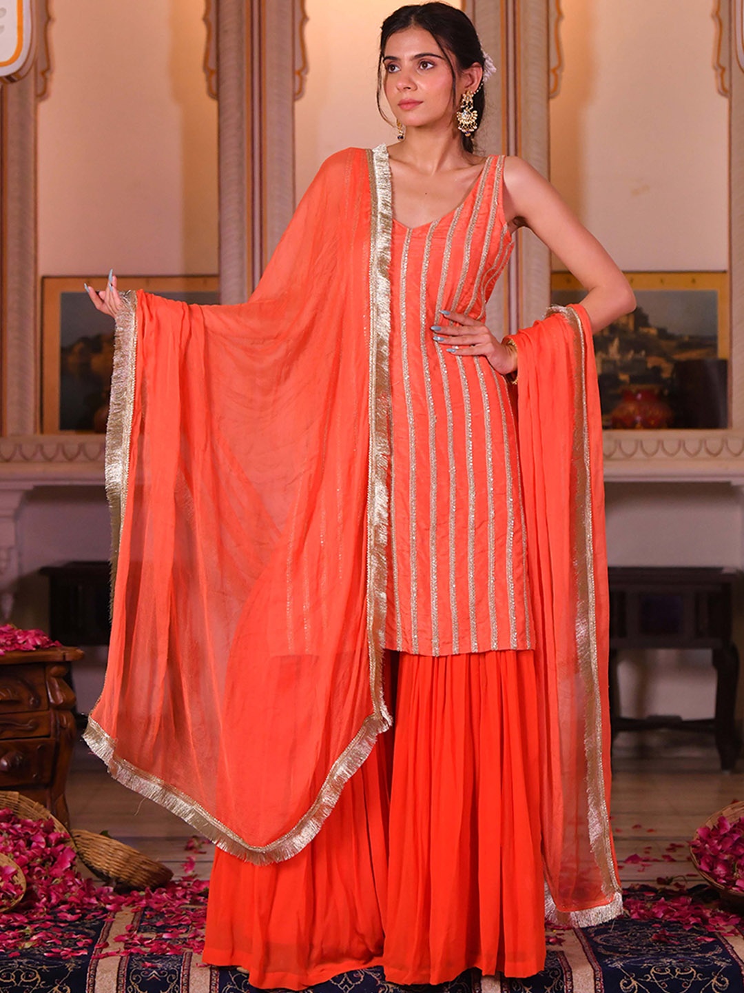 MAHUKAA V-Neck Embroidered Gotta Patti Straight Kurta with Sharara & Dupatta, Orange
MAHUKAA V-Neck Embroidered Gotta Patti Straight Kurta with Sharara & Dupatta, Orange