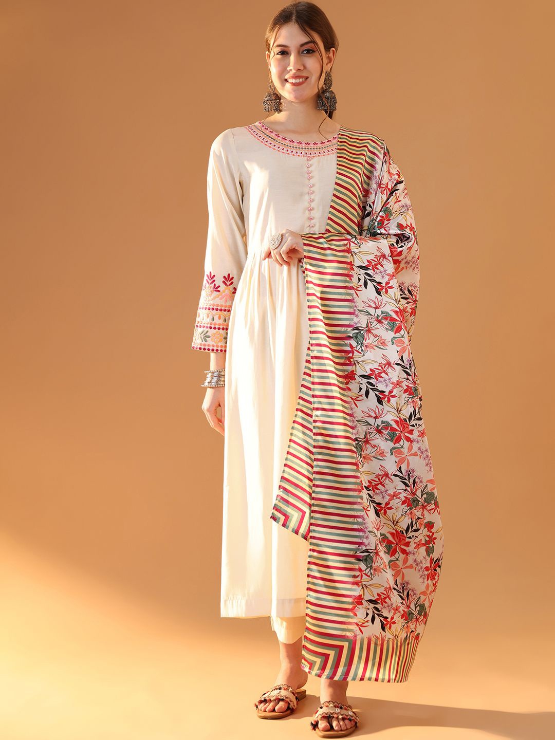 Tulsattva Round Neck Thread Work Chanderi Cotton Anarkali Kurta & Trouser & Dupatta, Cream
Tulsattva Round Neck Thread Work Chanderi Cotton Anarkali Kurta & Trouser & Dupatta, Cream