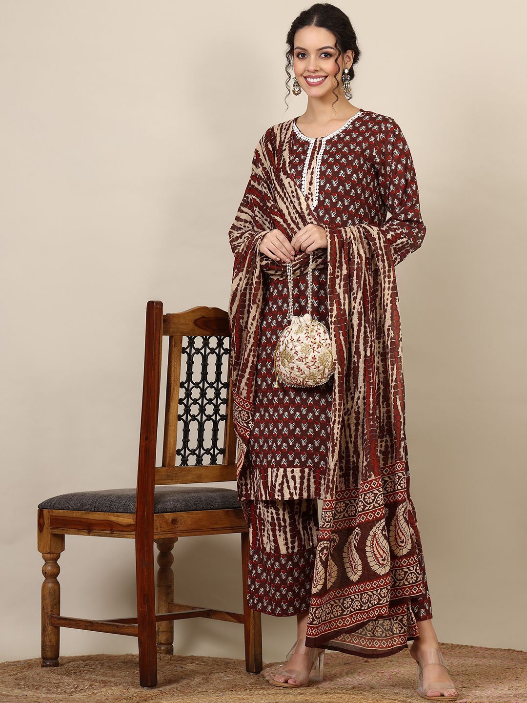 Ziva Fashion Floral Printed Gotta Patti Pure Cotton Kurta With Palazzos & Dupatta, Brown
Ziva Fashion Floral Printed Gotta Patti Pure Cotton Kurta With Palazzos & Dupatta, Brown