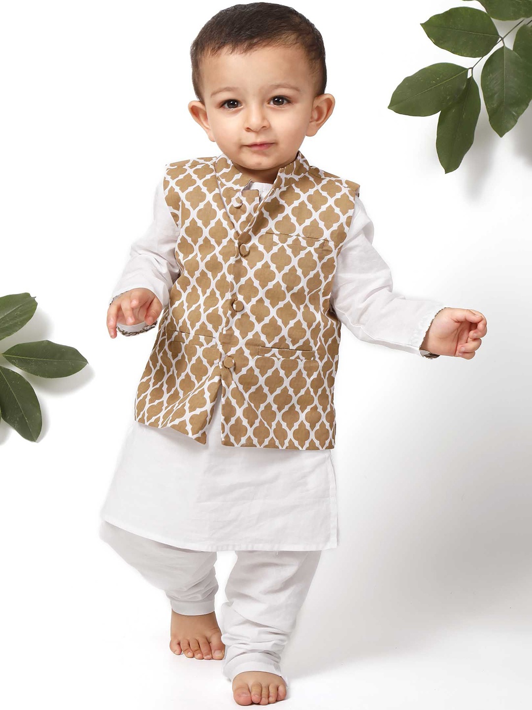 TJORI Boys Band Collar Straight Pure Cotton Kurta With Churidar & Nehru Jacket, White
TJORI Boys Band Collar Straight Pure Cotton Kurta With Churidar & Nehru Jacket, White