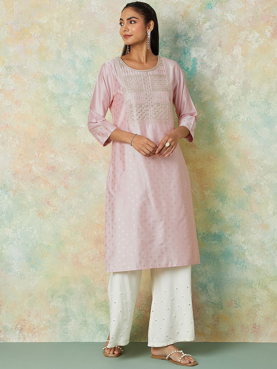 Melange by Lifestyle Floral Embroidered Three Quarter Sleeves Chikankari Kurta, Pink
Melange by Lifestyle Floral Embroidered Three Quarter Sleeves Chikankari Kurta, Pink