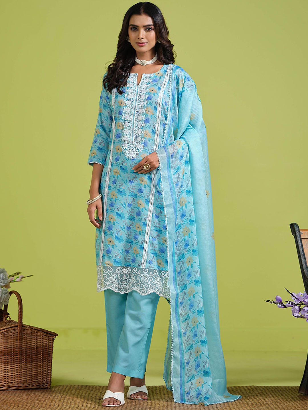 Sangria Floral Printed Pure Cotton Straight Kurta & Trousers With Dupatta, Sea green
Sangria Floral Printed Pure Cotton Straight Kurta & Trousers With Dupatta, Sea green