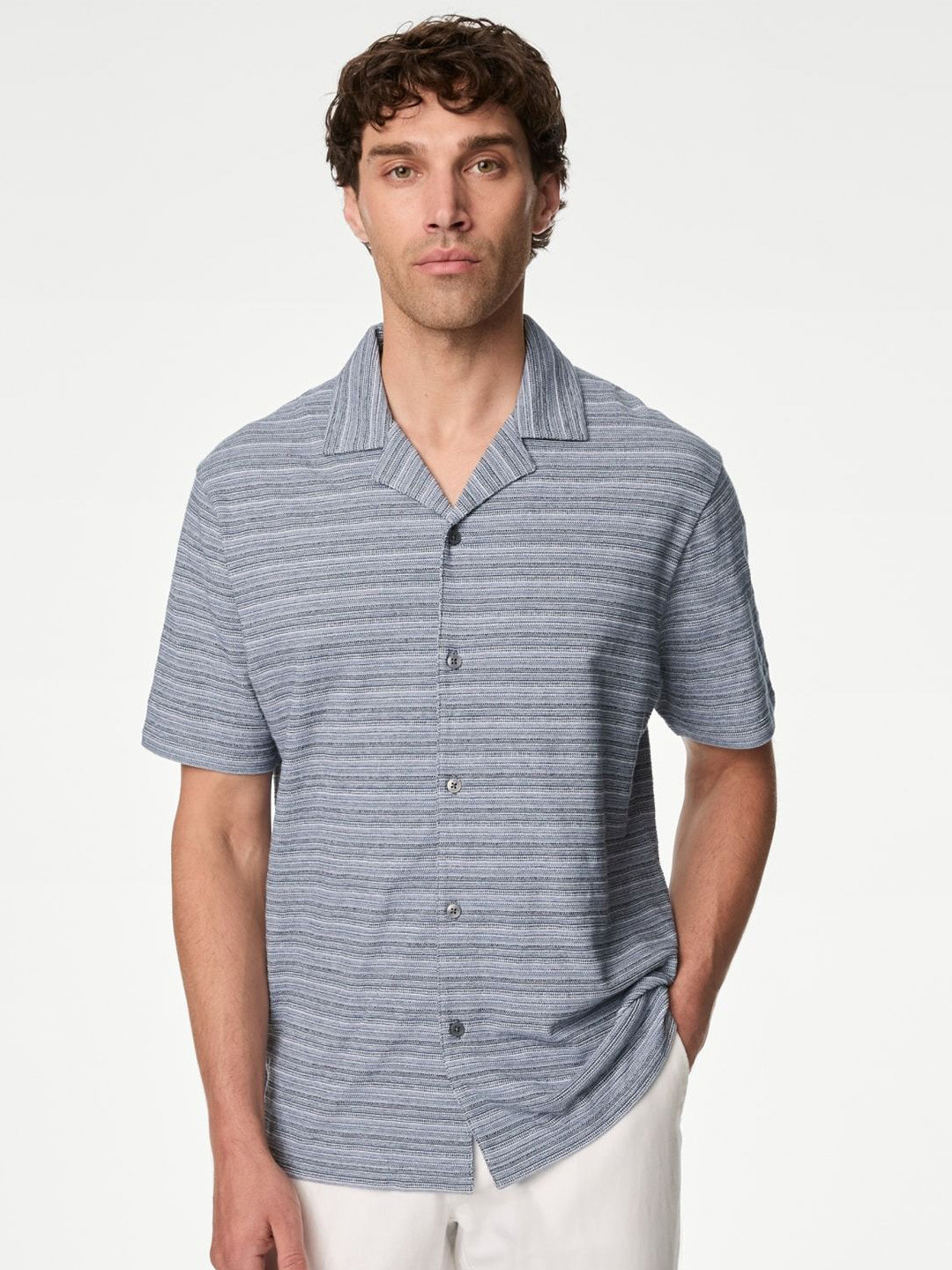 Marks & Spencer Men Cuban Collar Horizontal Striped Cotton Casual Shirt, Blue
Marks & Spencer Men Cuban Collar Horizontal Striped Cotton Casual Shirt, Blue
