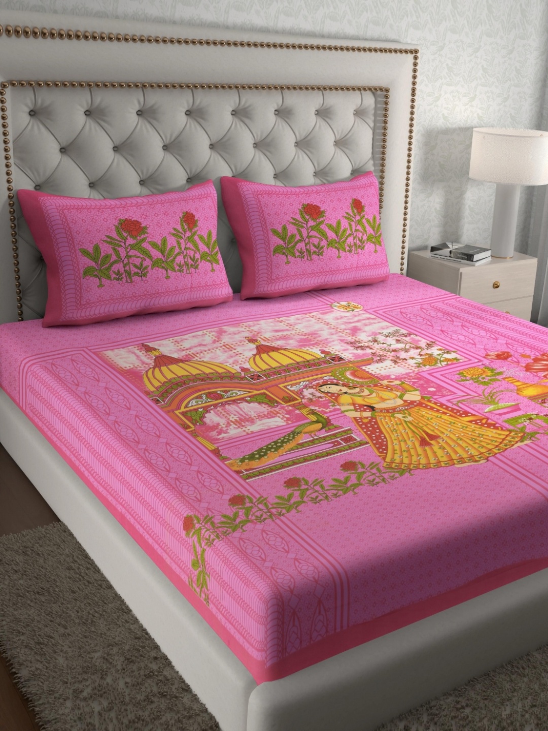 Aura Pink & Yellow Ethnic Motifs Pure Cotton 120 TC Queen Bedsheet Set 2.35 x 2.15 Mts
Aura Pink & Yellow Ethnic Motifs Pure Cotton 120 TC Queen Bedsheet Set 2.35 x 2.15 Mts
