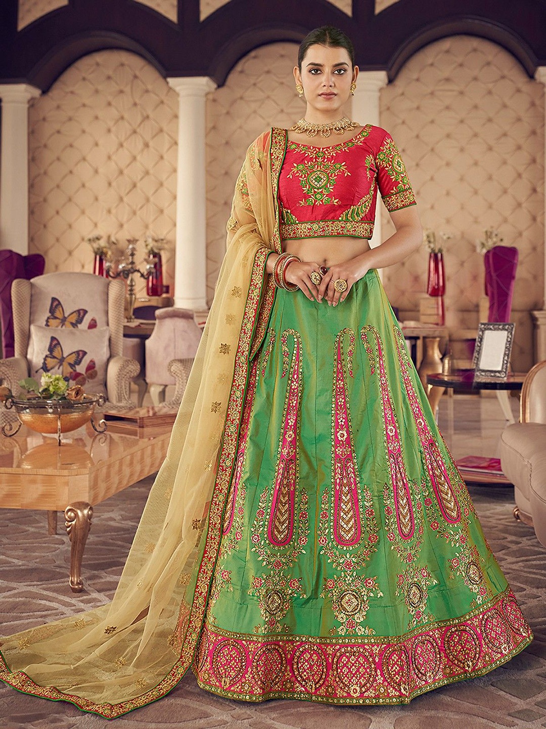 ODETTE Embroidered Beads and Stones Semi-Stitched Lehenga & Blouse With Dupatta, Green
ODETTE Embroidered Beads and Stones Semi-Stitched Lehenga & Blouse With Dupatta, Green