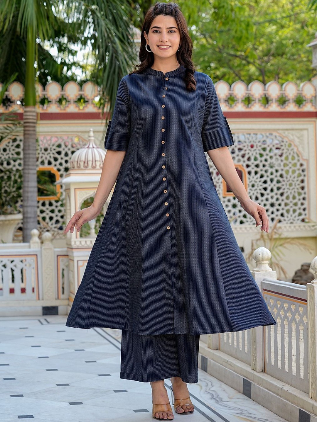 YASH GALLERY Striped Mandarin Collar Short Sleeves Regular A-Line Kurta With Palazzo, Navy blue
YASH GALLERY Striped Mandarin Collar Short Sleeves Regular A-Line Kurta With Palazzo, Navy blue