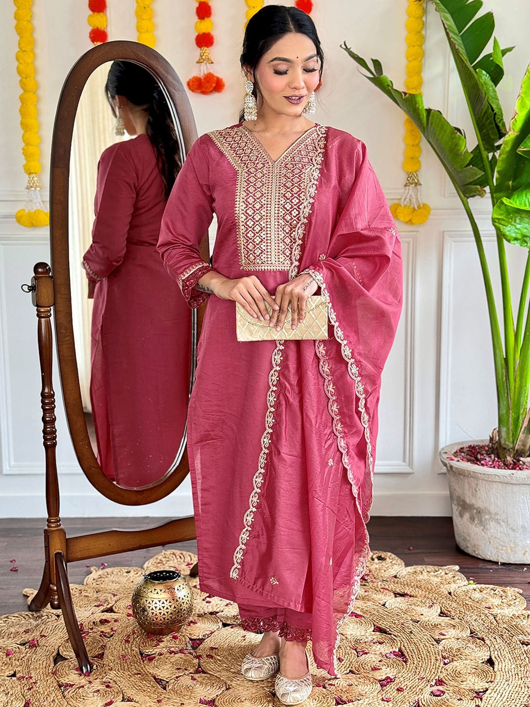 KALINI Floral Embroidered V-Neck Chanderi Silk Straight Kurta with Trousers & Dupatta, Peach
KALINI Floral Embroidered V-Neck Chanderi Silk Straight Kurta with Trousers & Dupatta, Peach