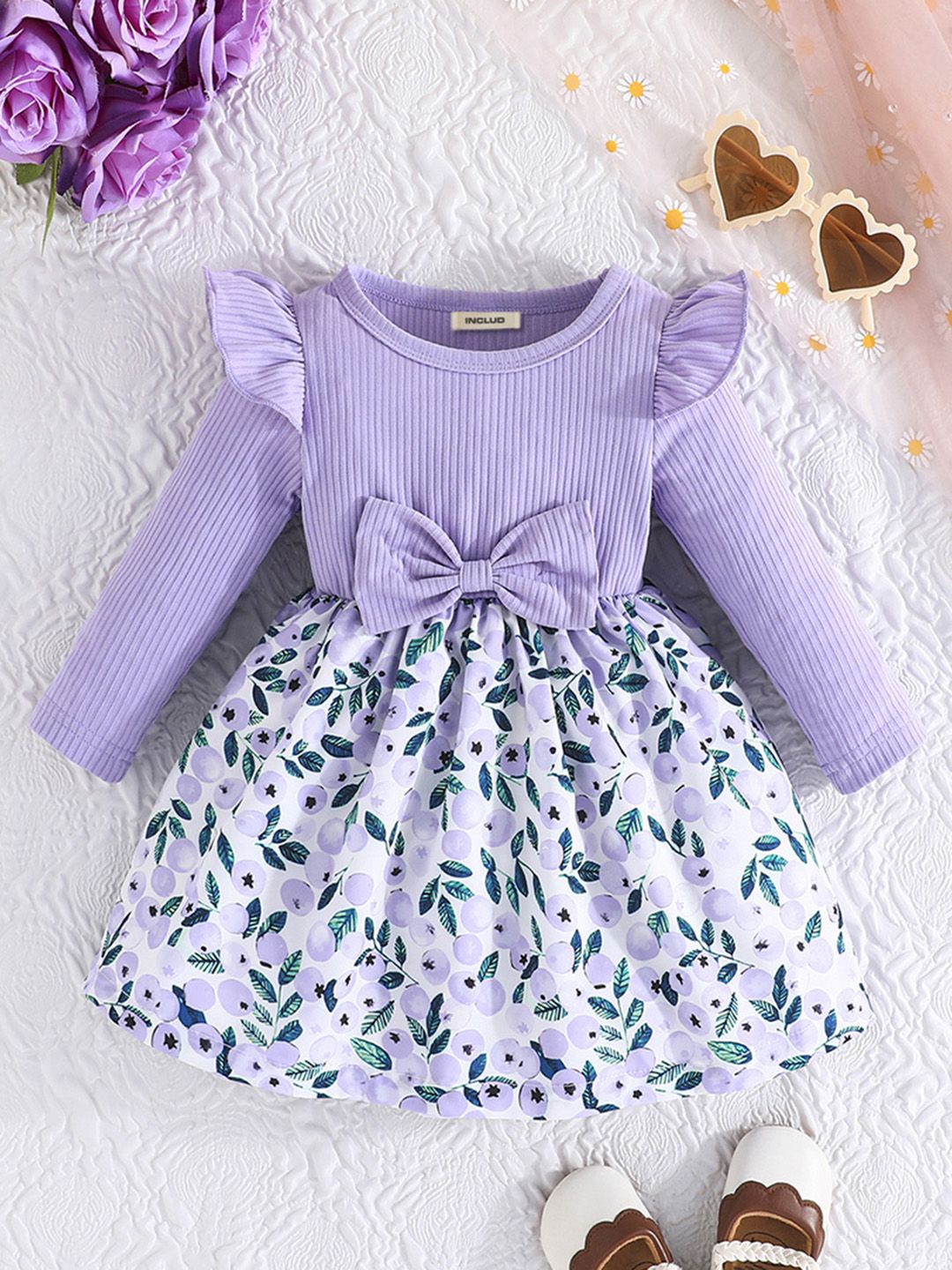 INCLUD Girls Floral Printed Long Sleeve Knee Length Fit & Flare Dress With Bow, Purple
INCLUD Girls Floral Printed Long Sleeve Knee Length Fit & Flare Dress With Bow, Purple