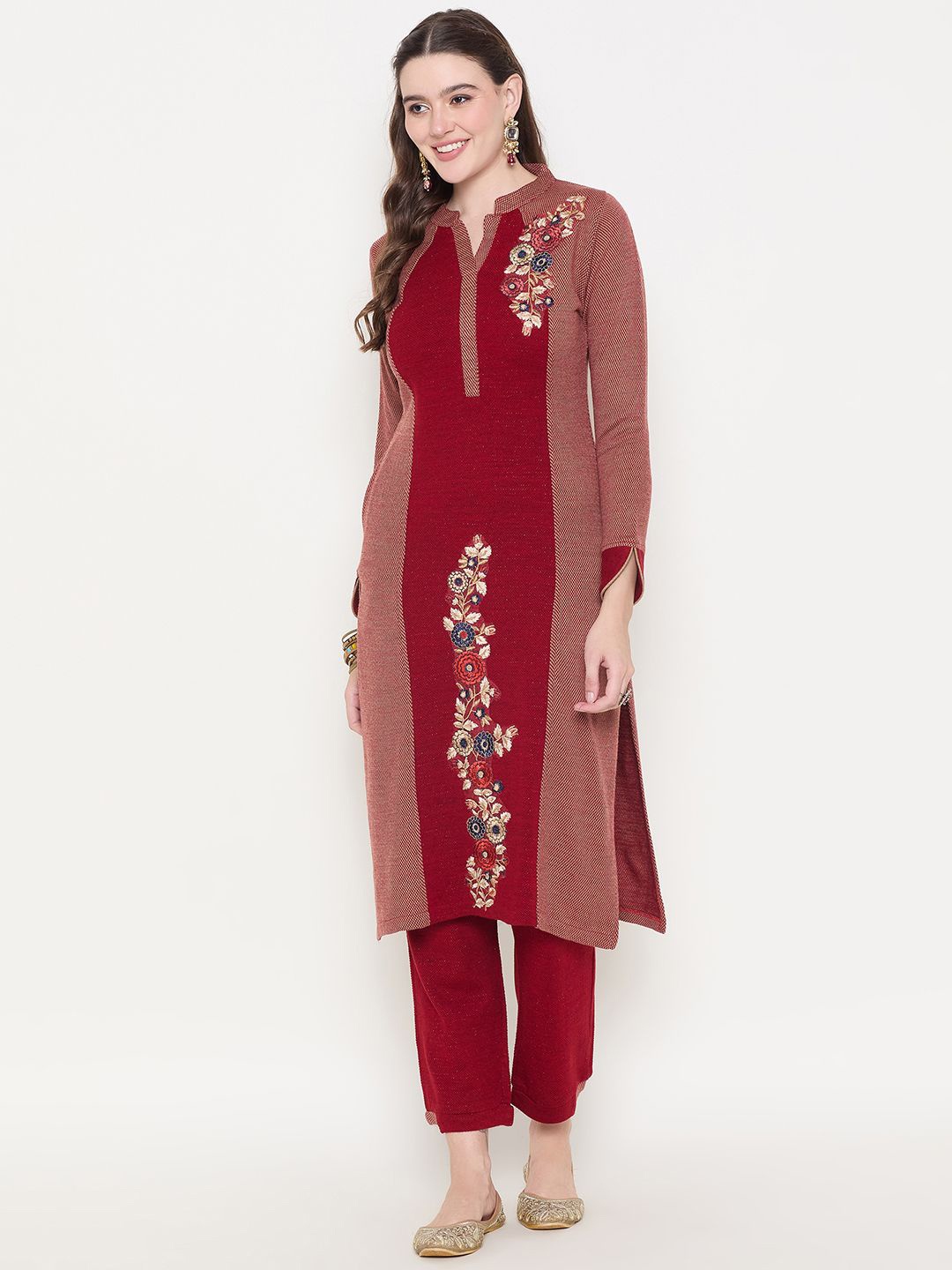 Zigo Floral Embroidered Mandarin Collar Panelled Pure Wool Straight Kurta With Trouser, Maroon
Zigo Floral Embroidered Mandarin Collar Panelled Pure Wool Straight Kurta With Trouser, Maroon