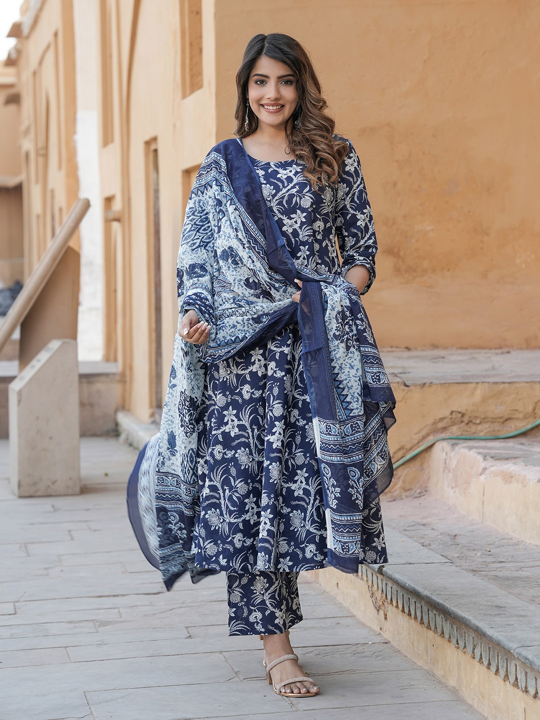 KALINI Floral Printed Pure Cotton Anarkali Kurta with Trousers & Dupatta, Blue
KALINI Floral Printed Pure Cotton Anarkali Kurta with Trousers & Dupatta, Blue