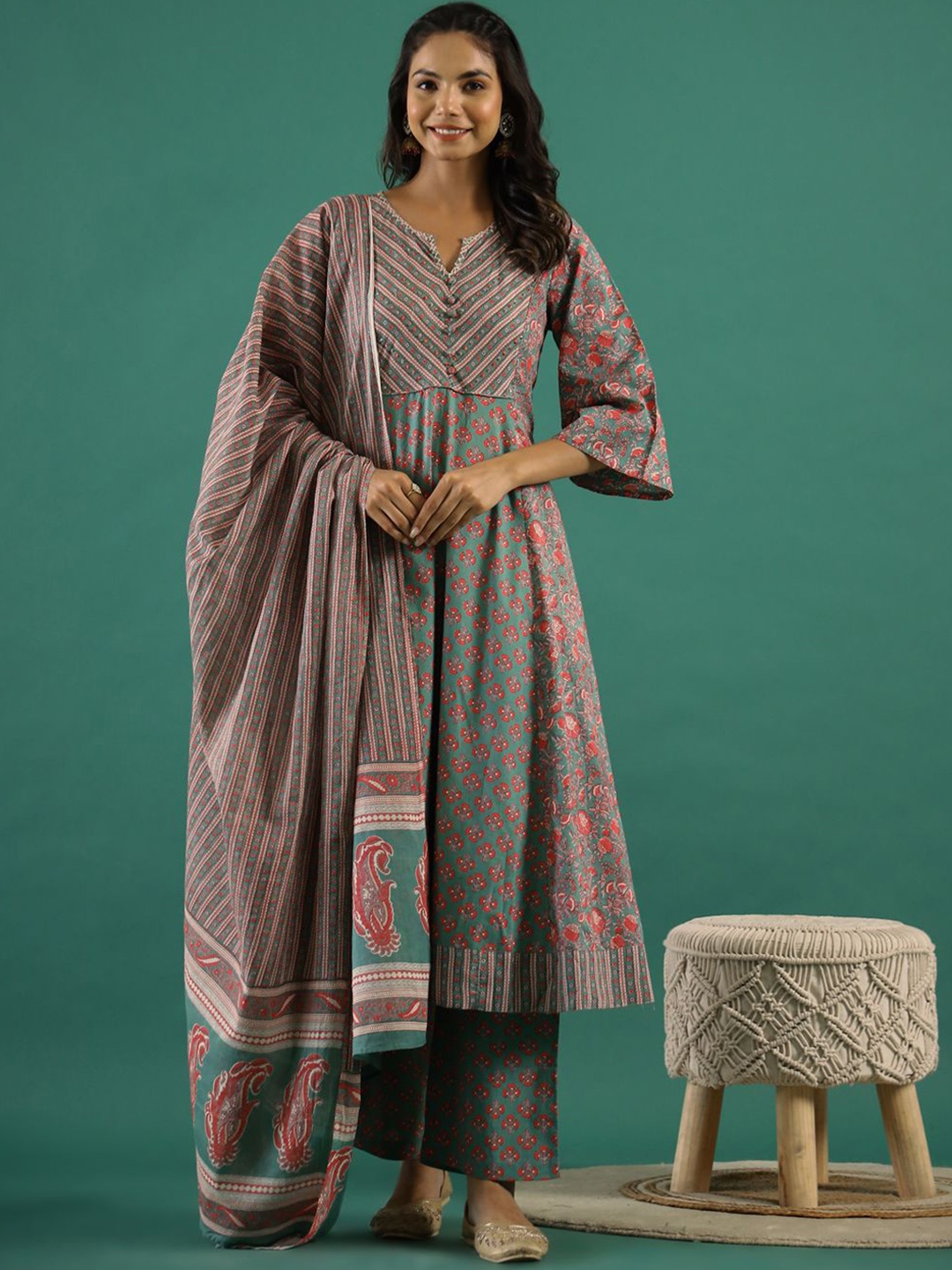 RangDeep Ethnic Motifs Printed Empire Pure Cotton Anarkali Kurta with Trousers & Dupatta, Green
RangDeep Ethnic Motifs Printed Empire Pure Cotton Anarkali Kurta with Trousers & Dupatta, Green