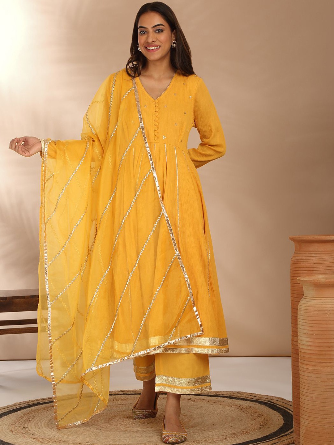 Likha Embroidered Angrakha Gotta Patti Anarkali Kurta with Trousers & With Dupatta, Yellow
Likha Embroidered Angrakha Gotta Patti Anarkali Kurta with Trousers & With Dupatta, Yellow