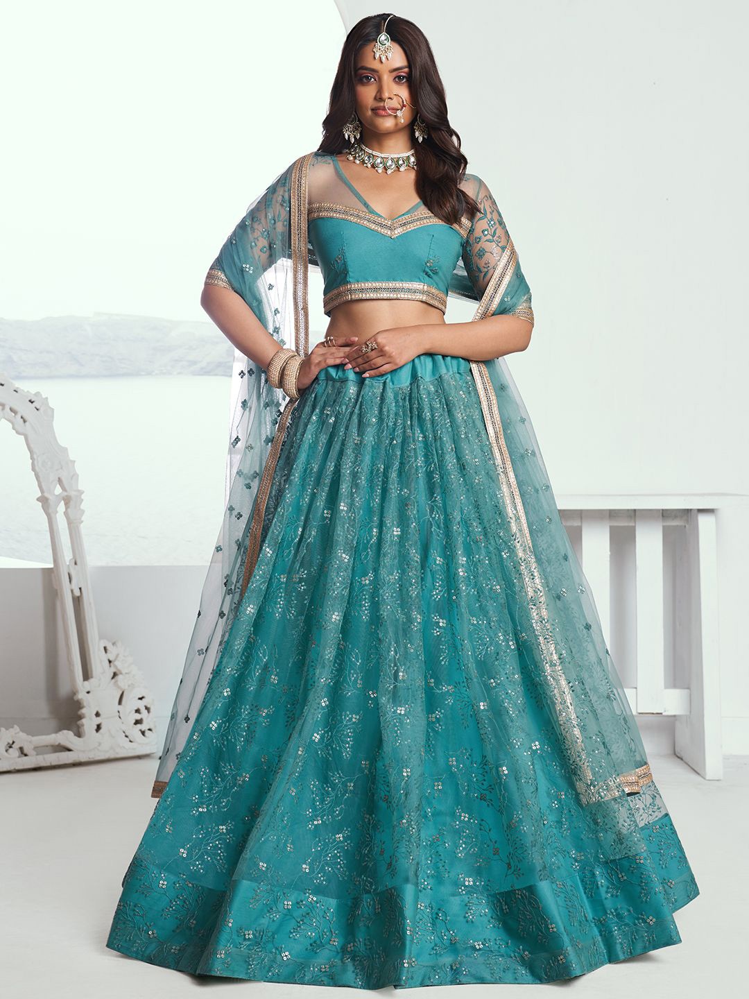 FABPIXEL Embroidered Sequinned Net Semi-Stitched Lehenga & Unstitched Blouse With Dupatta, Green
FABPIXEL Embroidered Sequinned Net Semi-Stitched Lehenga & Unstitched Blouse With Dupatta, Green