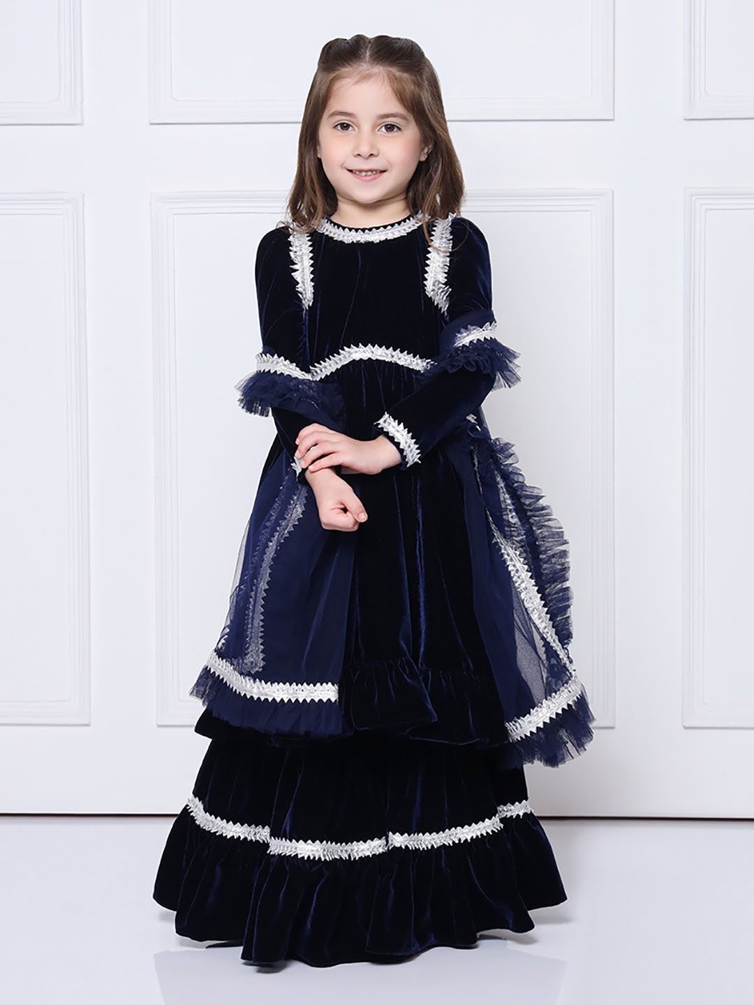 THE PONY & PEONY CO. Girls Gotta Patti Velvet Anarkali Kurta with Sharara & With Dupatta, Navy blue
THE PONY & PEONY CO. Girls Gotta Patti Velvet Anarkali Kurta with Sharara & With Dupatta, Navy blue