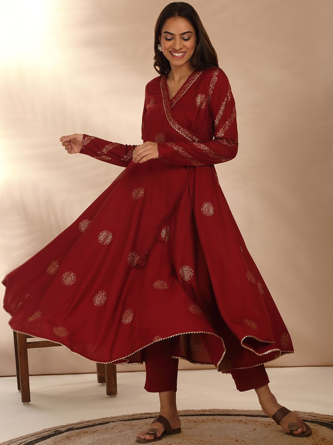 Likha Ethnic Motifs Embroidered Angrakha Gotta Patti Kurta with Trouser & Dupatta, Maroon
Likha Ethnic Motifs Embroidered Angrakha Gotta Patti Kurta with Trouser & Dupatta, Maroon