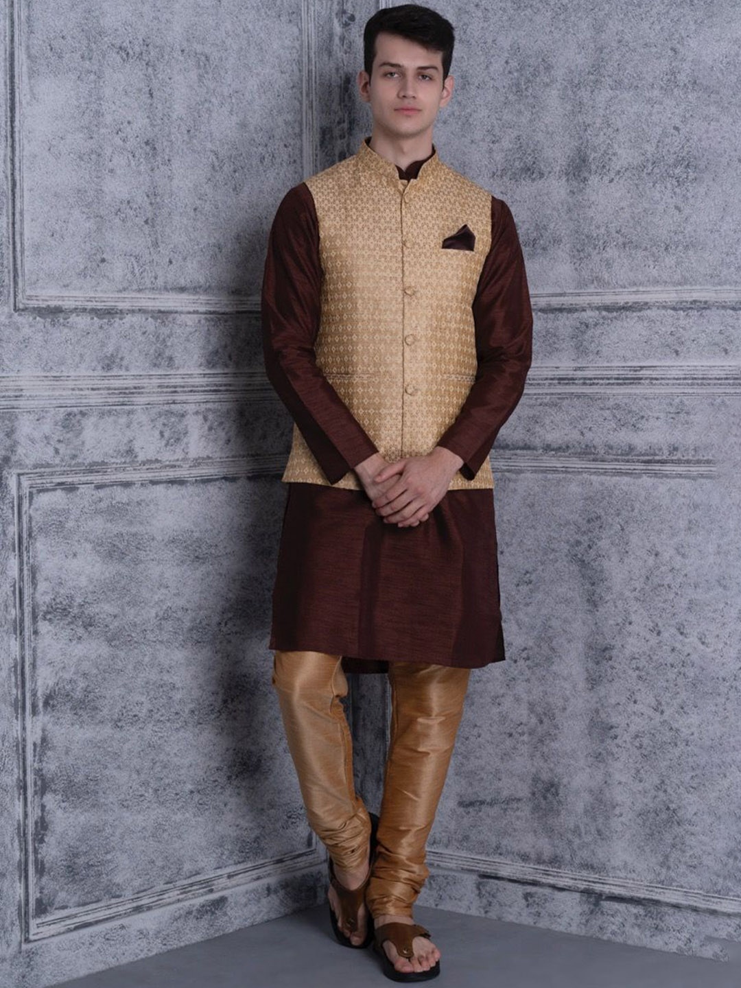 Ethluxis Mandarin Collar Jacquard Dupion Silk Kurta With Churidar & Nehru Jacket, Coffee brown
Ethluxis Mandarin Collar Jacquard Dupion Silk Kurta With Churidar & Nehru Jacket, Coffee brown
