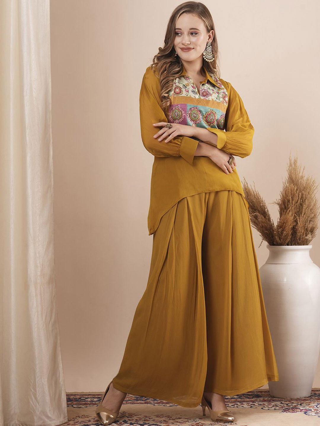 FASHOR Floral Embroidered Beads and Stones Organza A-Line Kurti With Palazzos, Mustard
FASHOR Floral Embroidered Beads and Stones Organza A-Line Kurti With Palazzos, Mustard