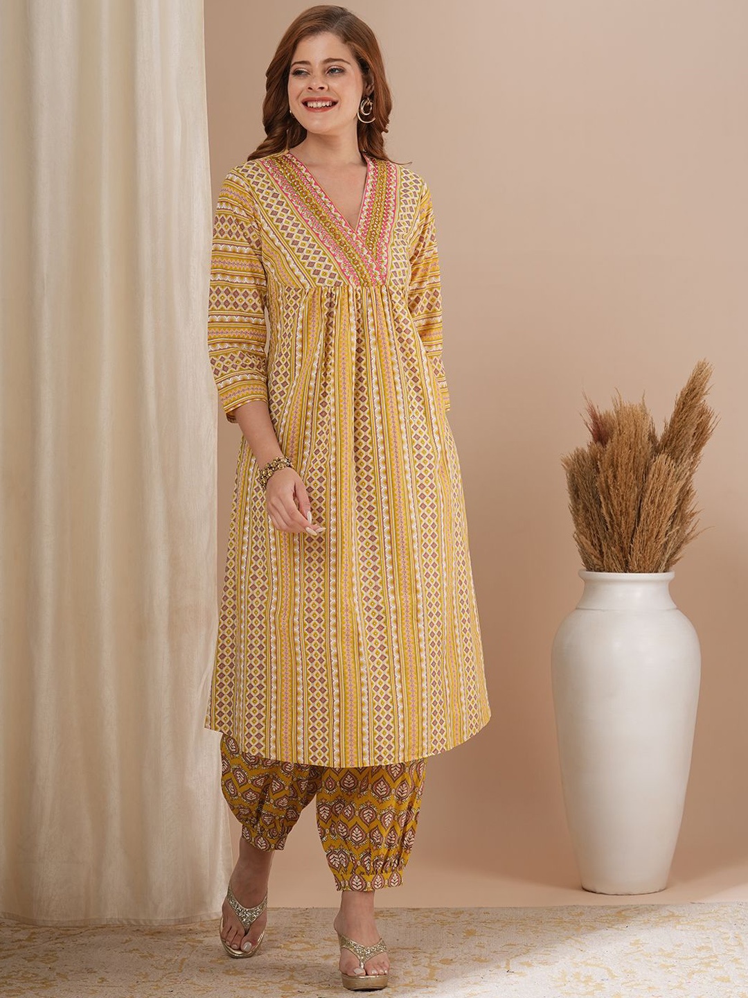 FASHOR Ethnic Motifs Printed A-Line Pleated Pure Cotton Kurta With Trousers, Yellow
FASHOR Ethnic Motifs Printed A-Line Pleated Pure Cotton Kurta With Trousers, Yellow
