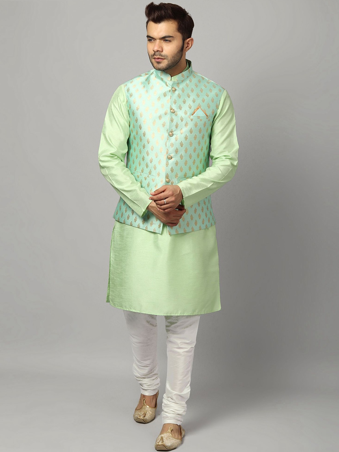 Ethluxis Mandarin Collar Jacquard Dupion Silk Kurta With Churidar & Nehru Jacket, Sea green
Ethluxis Mandarin Collar Jacquard Dupion Silk Kurta With Churidar & Nehru Jacket, Sea green