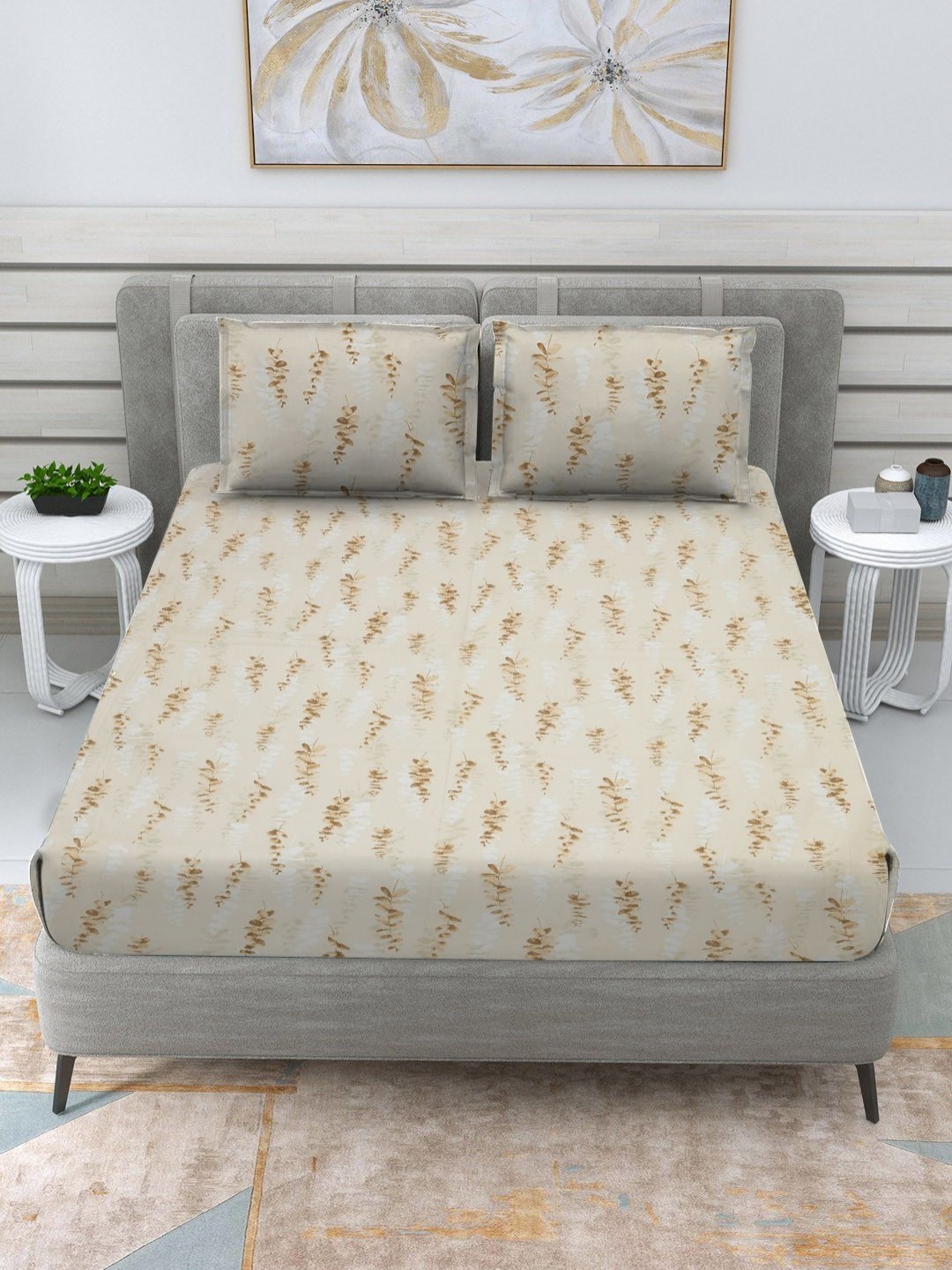 RRC Cream Coloured & Brown Floral Printed Cotton152 TC King Bedsheet Set 2.74 m x 2. 74 m
RRC Cream Coloured & Brown Floral Printed Cotton152 TC King Bedsheet Set 2.74 m x 2. 74 m