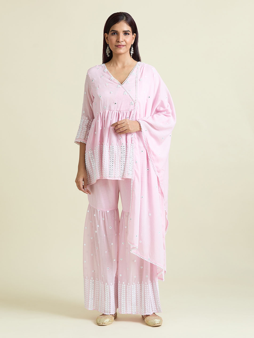Adara Khan Embroidered Empire Mirror Work Raw Silk A-Line Kurti with Sharara & Dupatta, Pink
Adara Khan Embroidered Empire Mirror Work Raw Silk A-Line Kurti with Sharara & Dupatta, Pink
