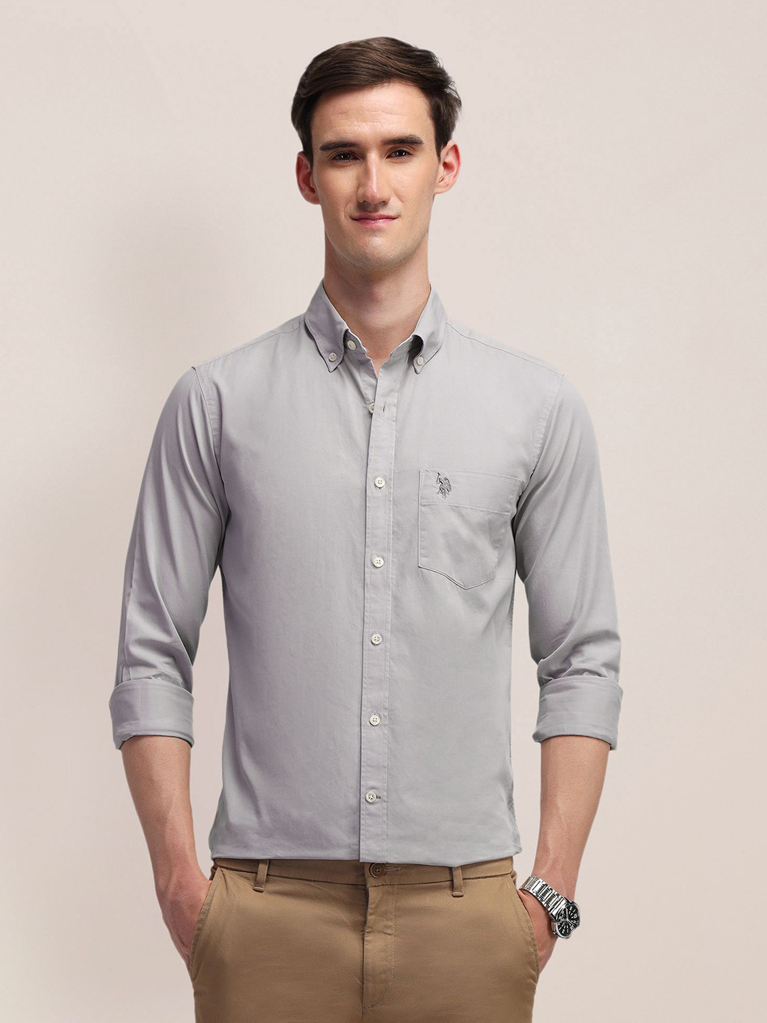 U.S. Polo Assn. Men Classic Button-Down Collar Solid Cotton Tailored Fit Formal Shirt, Grey 
U.S. Polo Assn. Men Classic Button-Down Collar Solid Cotton Tailored Fit Formal Shirt, Grey