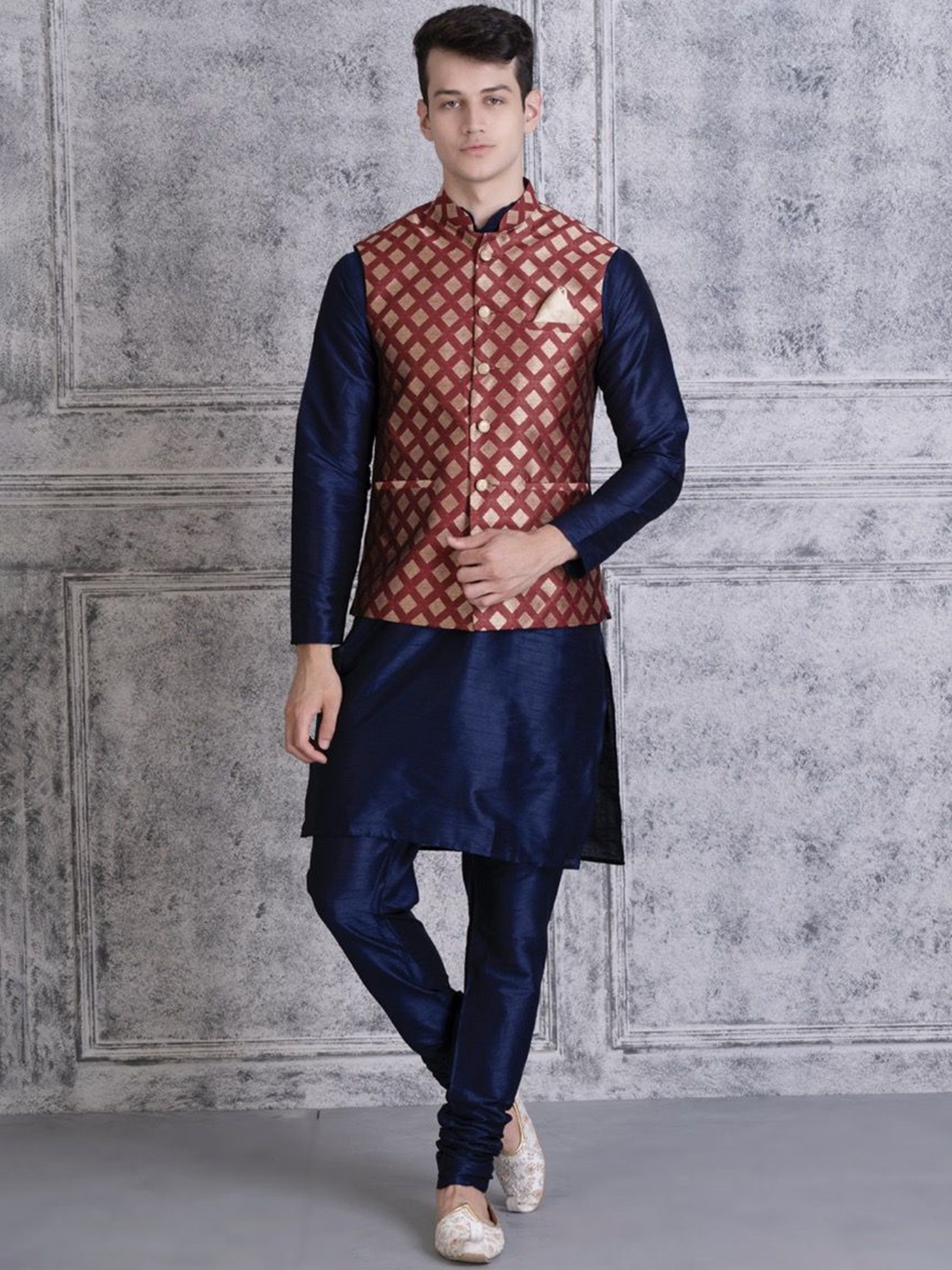 Ethluxis Mandarin Collar Jacquard Dupion Silk Kurta With Churidar & Nehru Jacket, Navy blue
Ethluxis Mandarin Collar Jacquard Dupion Silk Kurta With Churidar & Nehru Jacket, Navy blue