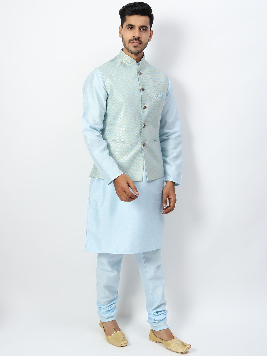 Ethluxis Mandarin Collar Jacquard Dupion Silk Kurta With Churidar & Nehru Jacket, Turquoise blue
Ethluxis Mandarin Collar Jacquard Dupion Silk Kurta With Churidar & Nehru Jacket, Turquoise blue