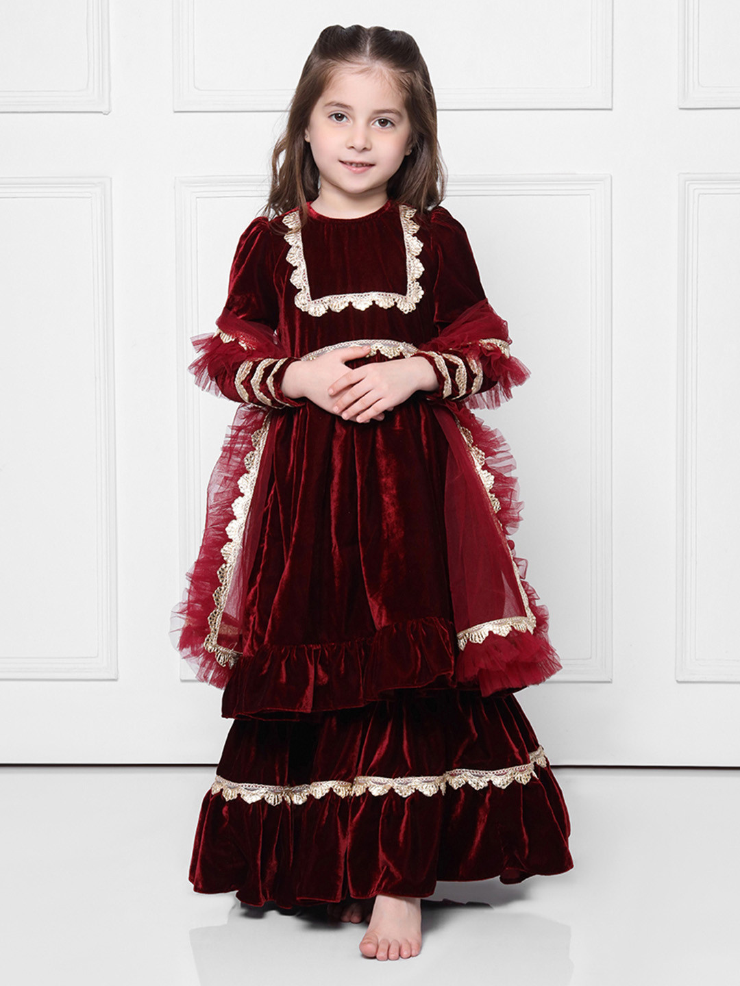 THE PONY & PEONY CO. Girls Gotta Patti Velvet Anarkali Kurta with Sharara & Dupatta, Maroon
THE PONY & PEONY CO. Girls Gotta Patti Velvet Anarkali Kurta with Sharara & Dupatta, Maroon