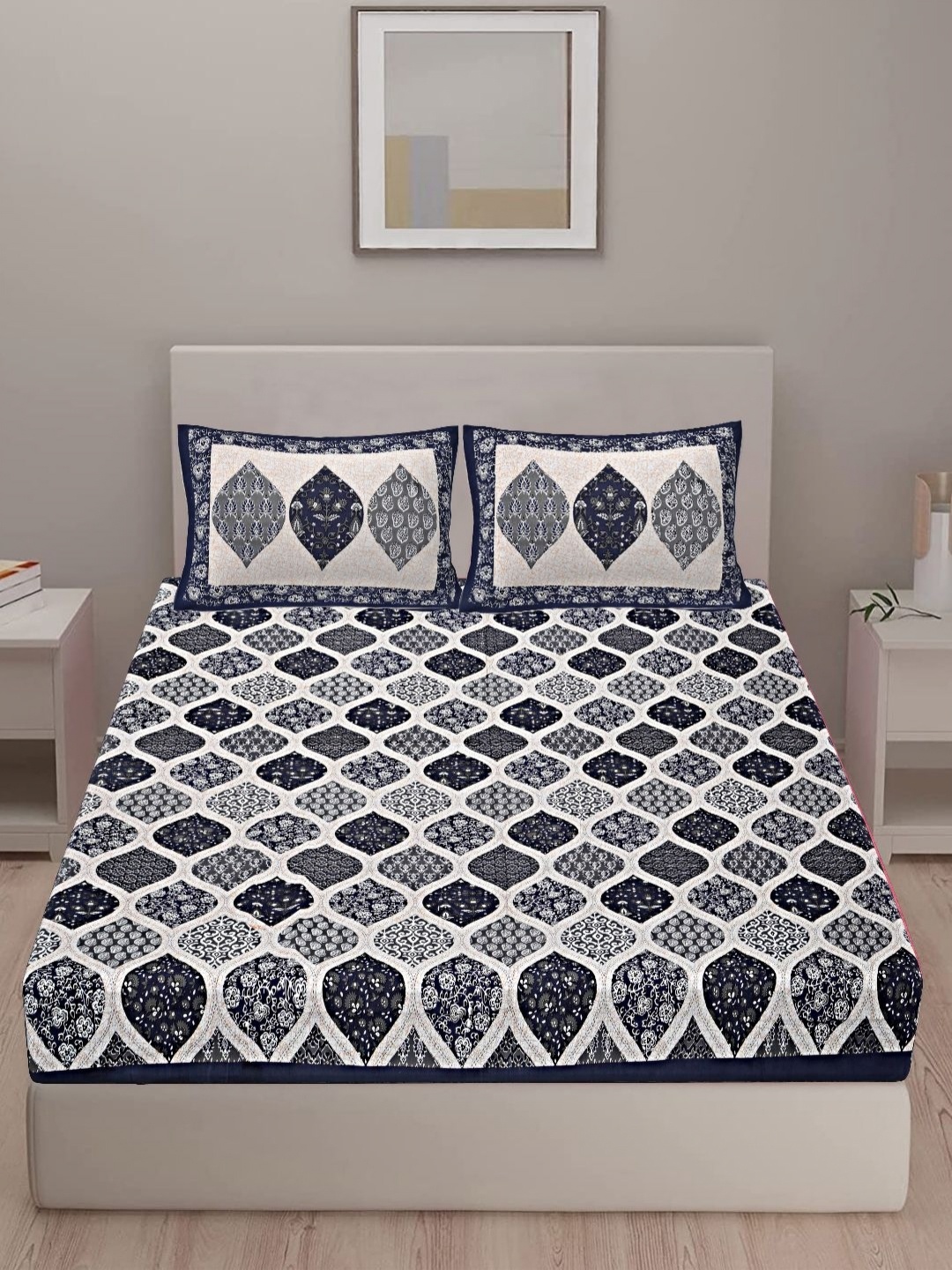 VANI E Navy Blue & Cream-Coloured Floral Cotton 240TC Double King Bedsheet Set-2.54mx2.74m
VANI E Navy Blue & Cream-Coloured Floral Cotton 240TC Double King Bedsheet Set-2.54mx2.74m