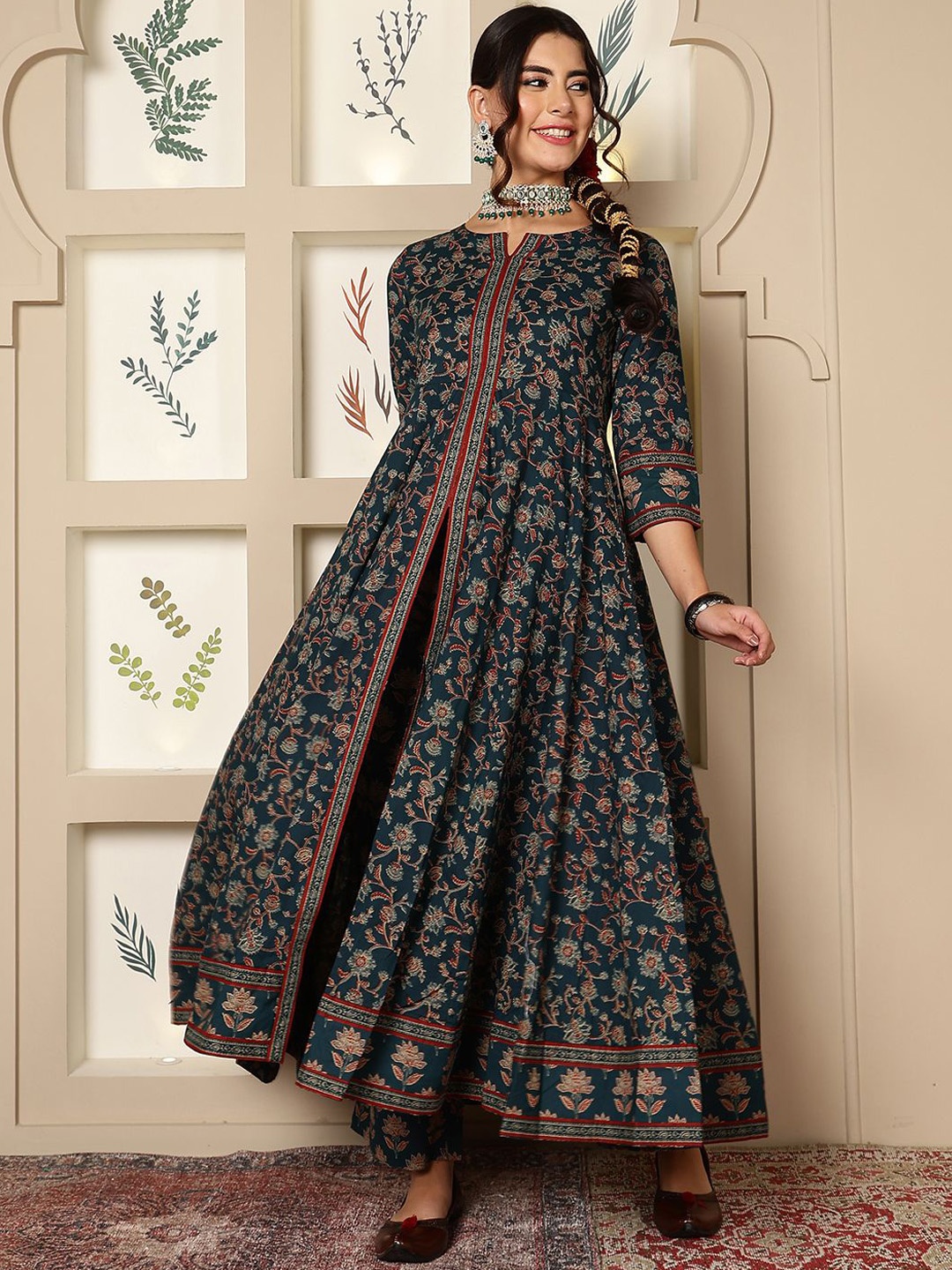 GULMOHAR JAIPUR Ethnic Motifs Printed Pure Cotton Anarkali Kurta With Palazzos & Dupatta, Teal
GULMOHAR JAIPUR Ethnic Motifs Printed Pure Cotton Anarkali Kurta With Palazzos & Dupatta, Teal