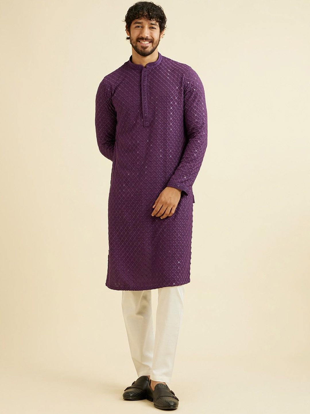 Manyavar Geometric Embroidered Chikankari Mandarin Collar Straight Kurta With Pyjama, Purple
Manyavar Geometric Embroidered Chikankari Mandarin Collar Straight Kurta With Pyjama, Purple