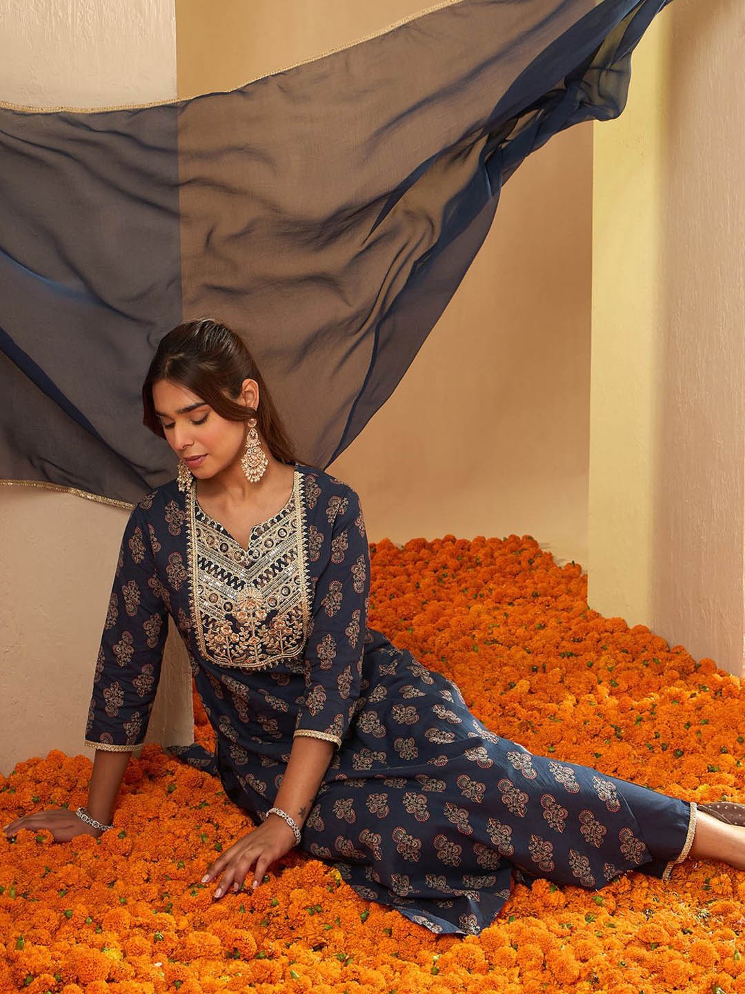 Indo Era Ethnic Motifs Printed Sequinned Pure Cotton Kurta with Palazzos & Dupatta, Blue
Indo Era Ethnic Motifs Printed Sequinned Pure Cotton Kurta with Palazzos & Dupatta, Blue