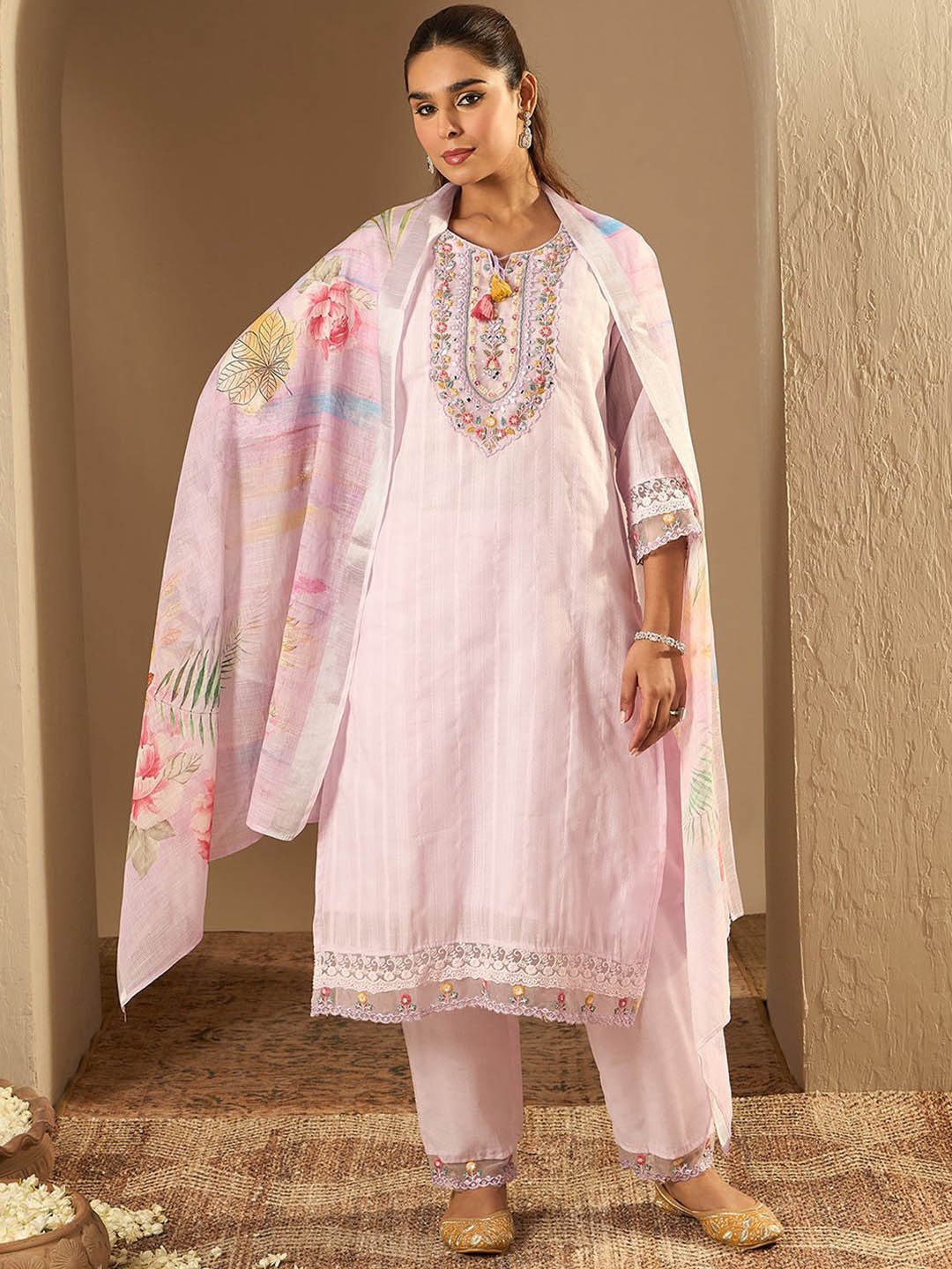 Indo Era Floral Yoke Design Straight Thread Work Pure Cotton Kurta with Trousers & Dupatta, Lavender
Indo Era Floral Yoke Design Straight Thread Work Pure Cotton Kurta with Trousers & Dupatta, Lavender