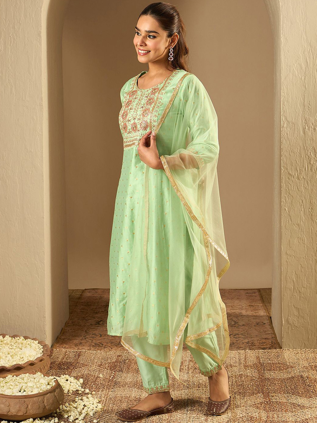 Indo Era Floral Embroidered Chanderi Silk Straight Kurta With Trousers & Dupatta, Green
Indo Era Floral Embroidered Chanderi Silk Straight Kurta With Trousers & Dupatta, Green