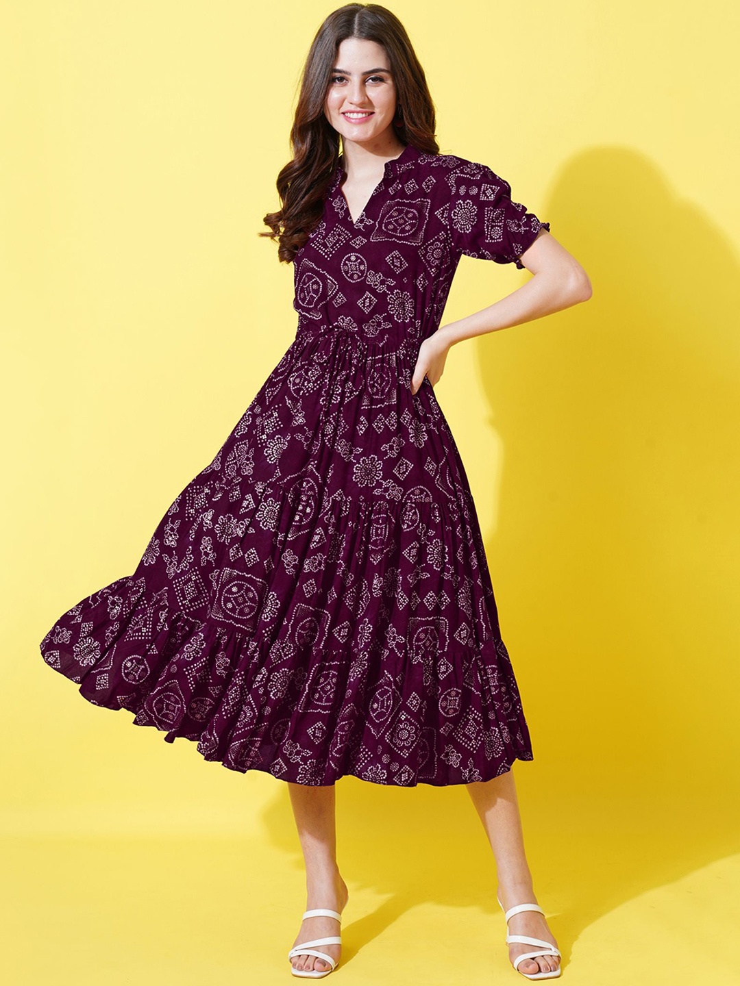 FLOWERVELLY Floral Printed Mandarin Collar Puff Sleeves Fit and Flare Dresses, Purple
FLOWERVELLY Floral Printed Mandarin Collar Puff Sleeves Fit and Flare Dresses, Purple