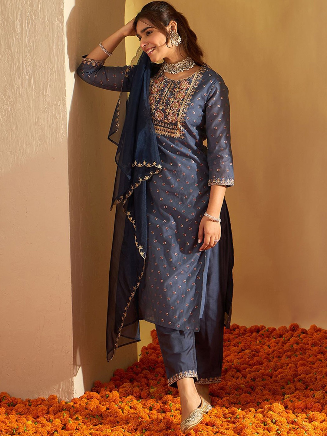 Indo Era Floral Embroidered Chanderi Silk Straight Kurta With Trousers & Dupatta, Blue
Indo Era Floral Embroidered Chanderi Silk Straight Kurta With Trousers & Dupatta, Blue