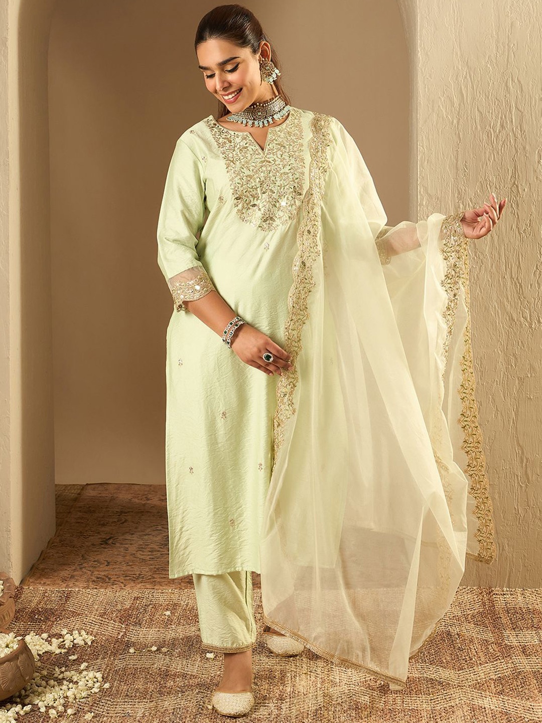 Indo Era Floral Embroidered Notched Neck Liva Straight Kurta With Trousers & Dupatta, Sea green
Indo Era Floral Embroidered Notched Neck Liva Straight Kurta With Trousers & Dupatta, Sea green
