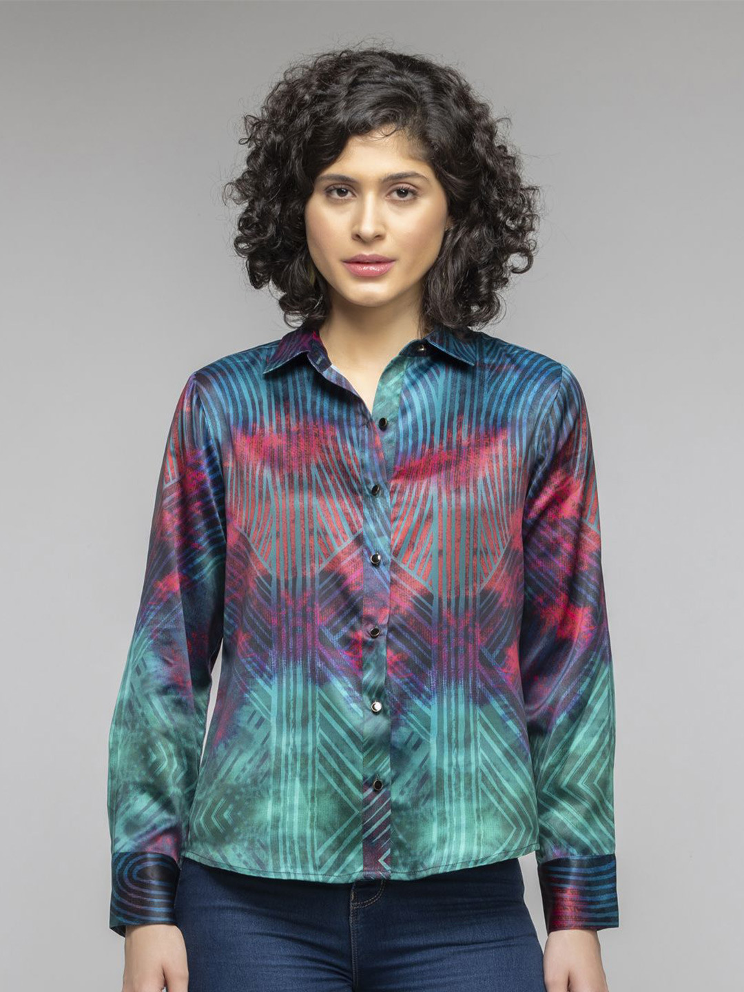 SHAYE Women Smart Spread Collar Geometric Printed Satin Relaxed Fit Casual Shirt, Green 
SHAYE Women Smart Spread Collar Geometric Printed Satin Relaxed Fit Casual Shirt, Green