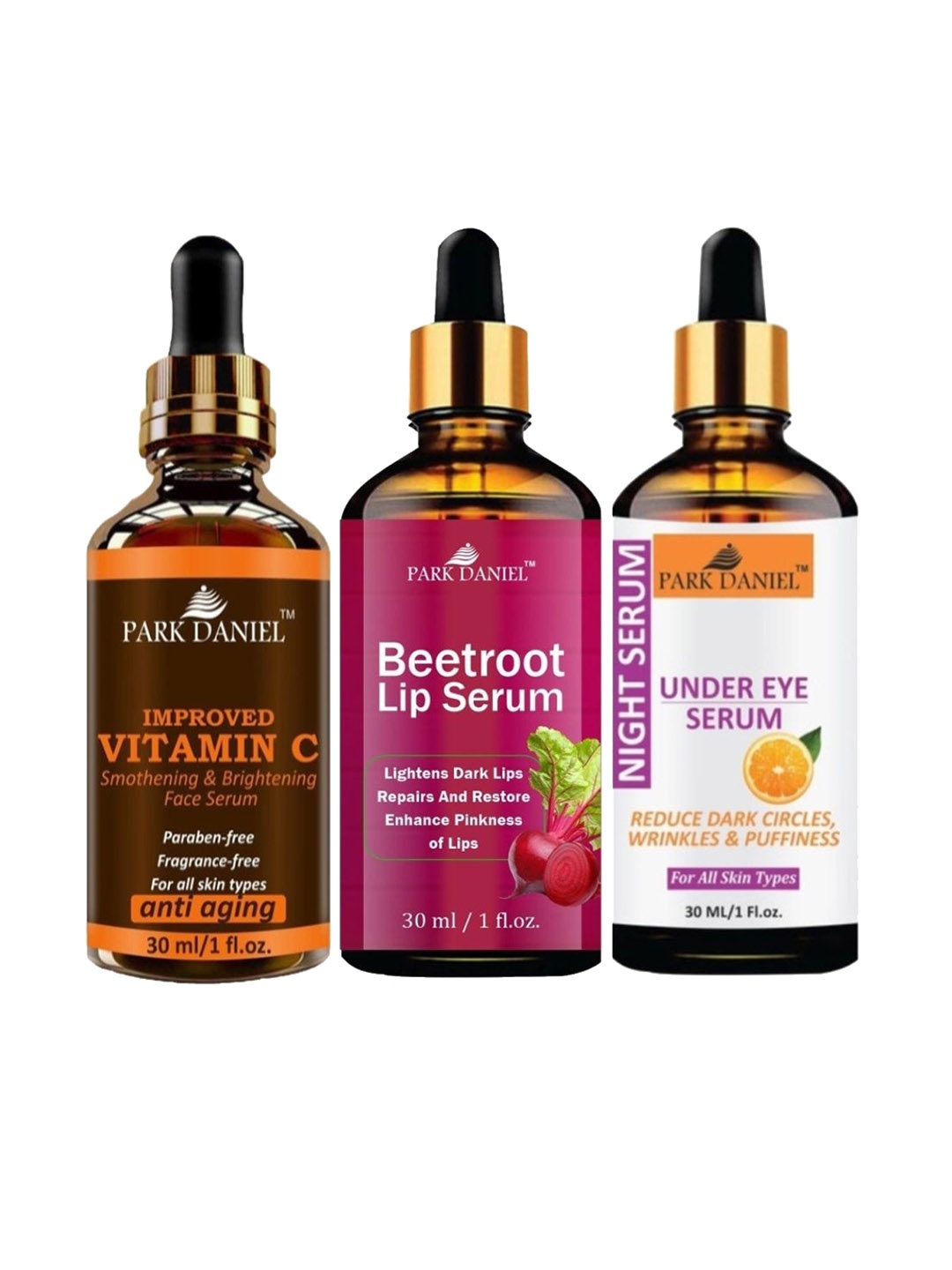 Park Daniel Set of 3 Improved Vitamin C Serum, Beetroot Lip Serum & Undereye Serum - 30 ml, Multi
Park Daniel Set of 3 Improved Vitamin C Serum, Beetroot Lip Serum & Undereye Serum - 30 ml, Multi