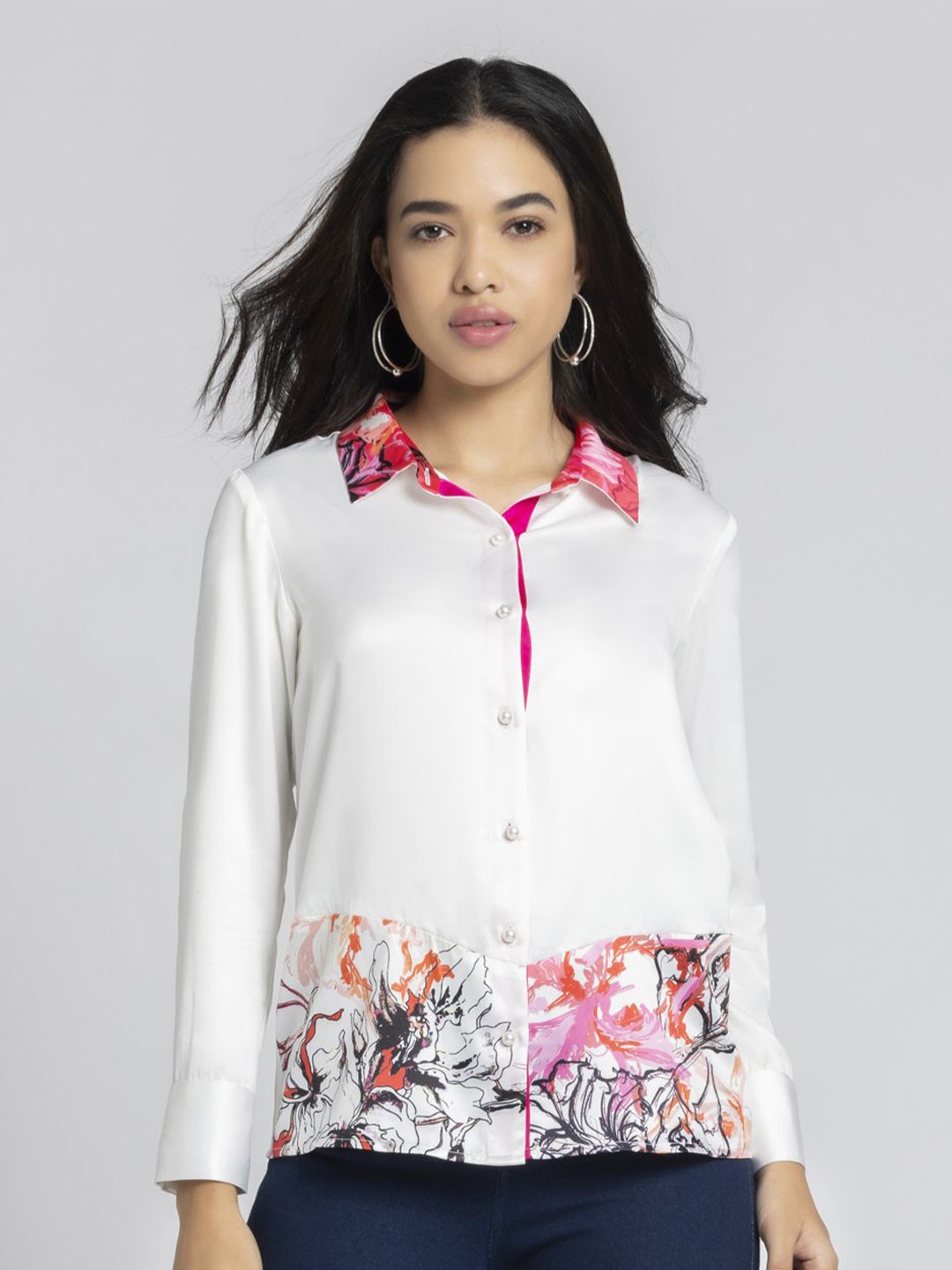 SHAYE Women Smart Spread Collar Floral Printed Satin Relaxed Fit Casual Shirt, White
SHAYE Women Smart Spread Collar Floral Printed Satin Relaxed Fit Casual Shirt, White