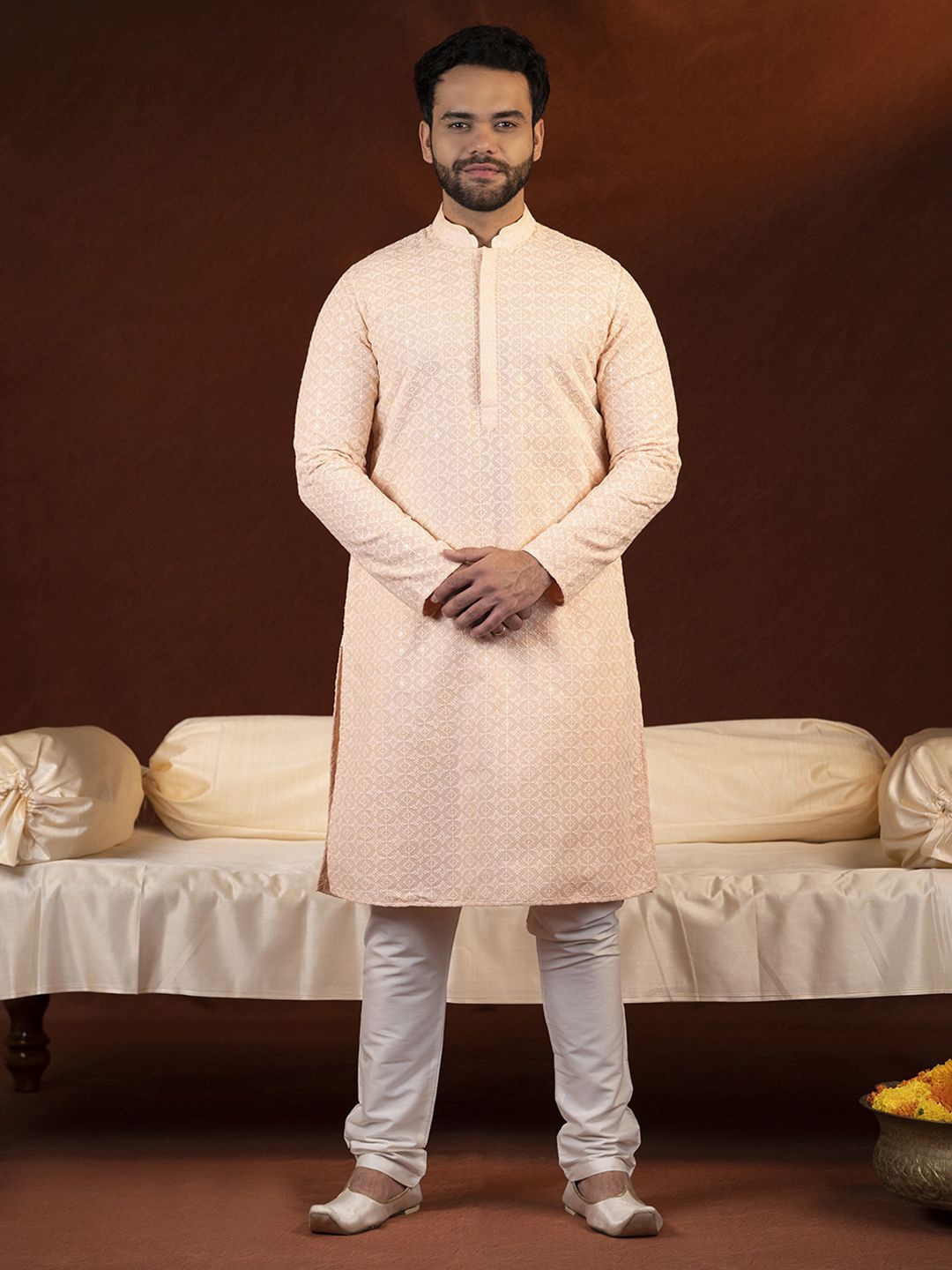 TheEthnic.Co Geometric Embroidered Pure Cotton Straight Kurta with Churidar, Peach
TheEthnic.Co Geometric Embroidered Pure Cotton Straight Kurta with Churidar, Peach