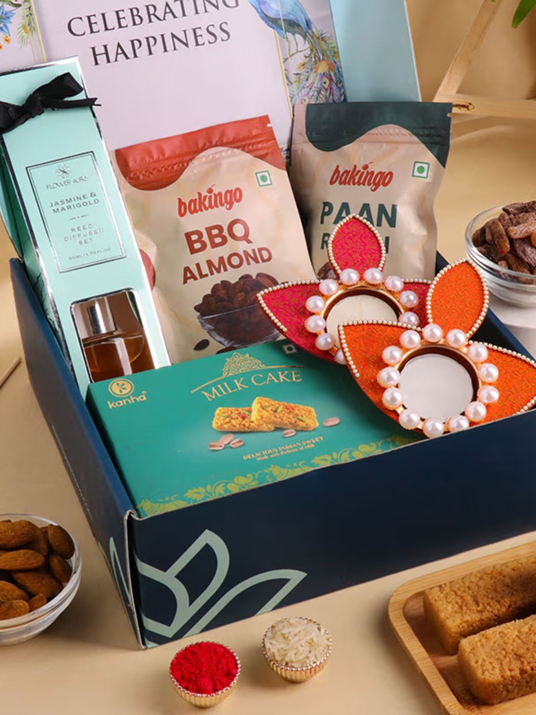 Floweraura Almonds, Paan Raisin, 200g Milk Cake, Set of 2 Designer Diya, Reed Diffuser Set, Green
Floweraura Almonds, Paan Raisin, 200g Milk Cake, Set of 2 Designer Diya, Reed Diffuser Set, Green