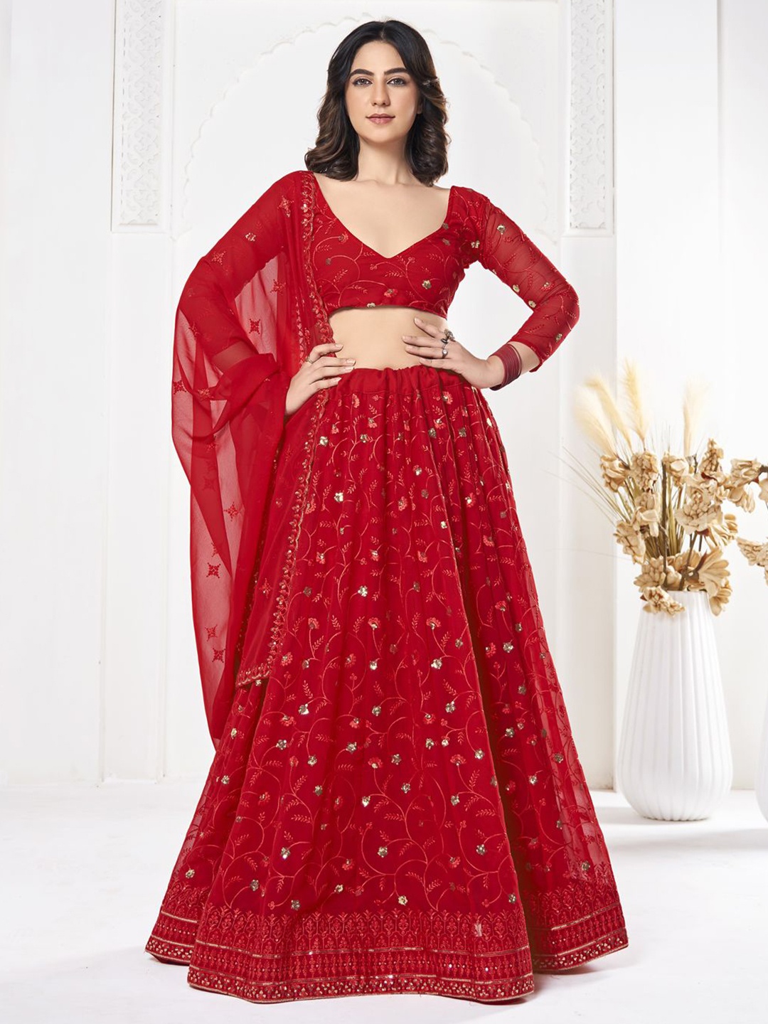 KALINI Embroidered Thread Work Semi-Stitched Lehenga & Unstitched Blouse With Dupatta, Red
KALINI Embroidered Thread Work Semi-Stitched Lehenga & Unstitched Blouse With Dupatta, Red