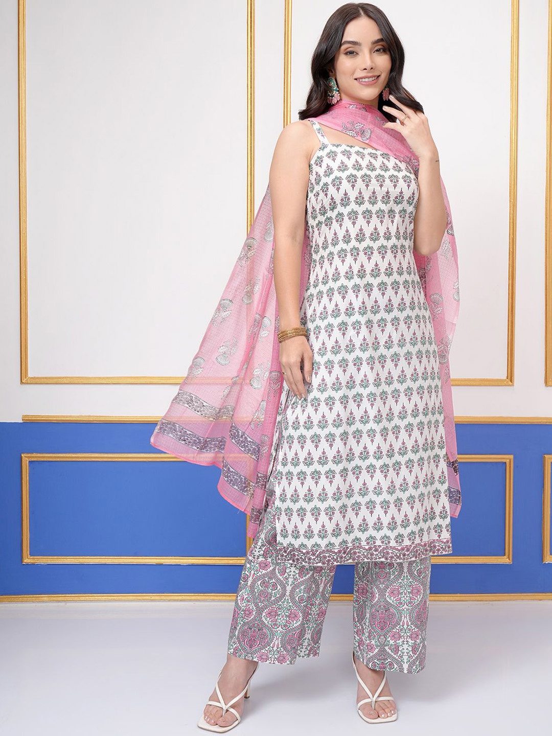 Vishudh Floral Printed Shoulder Straps Neck Pure Cotton Straight Kurta & Palazzo & Dupatta, Cream
Vishudh Floral Printed Shoulder Straps Neck Pure Cotton Straight Kurta & Palazzo & Dupatta, Cream