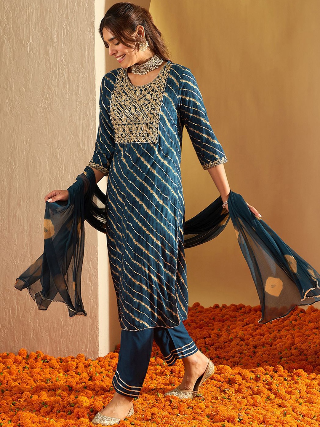 Indo Era Leheriya Printed Straight Thread Work Kurta with Trousers & Dupatta, Navy blue
Indo Era Leheriya Printed Straight Thread Work Kurta with Trousers & Dupatta, Navy blue