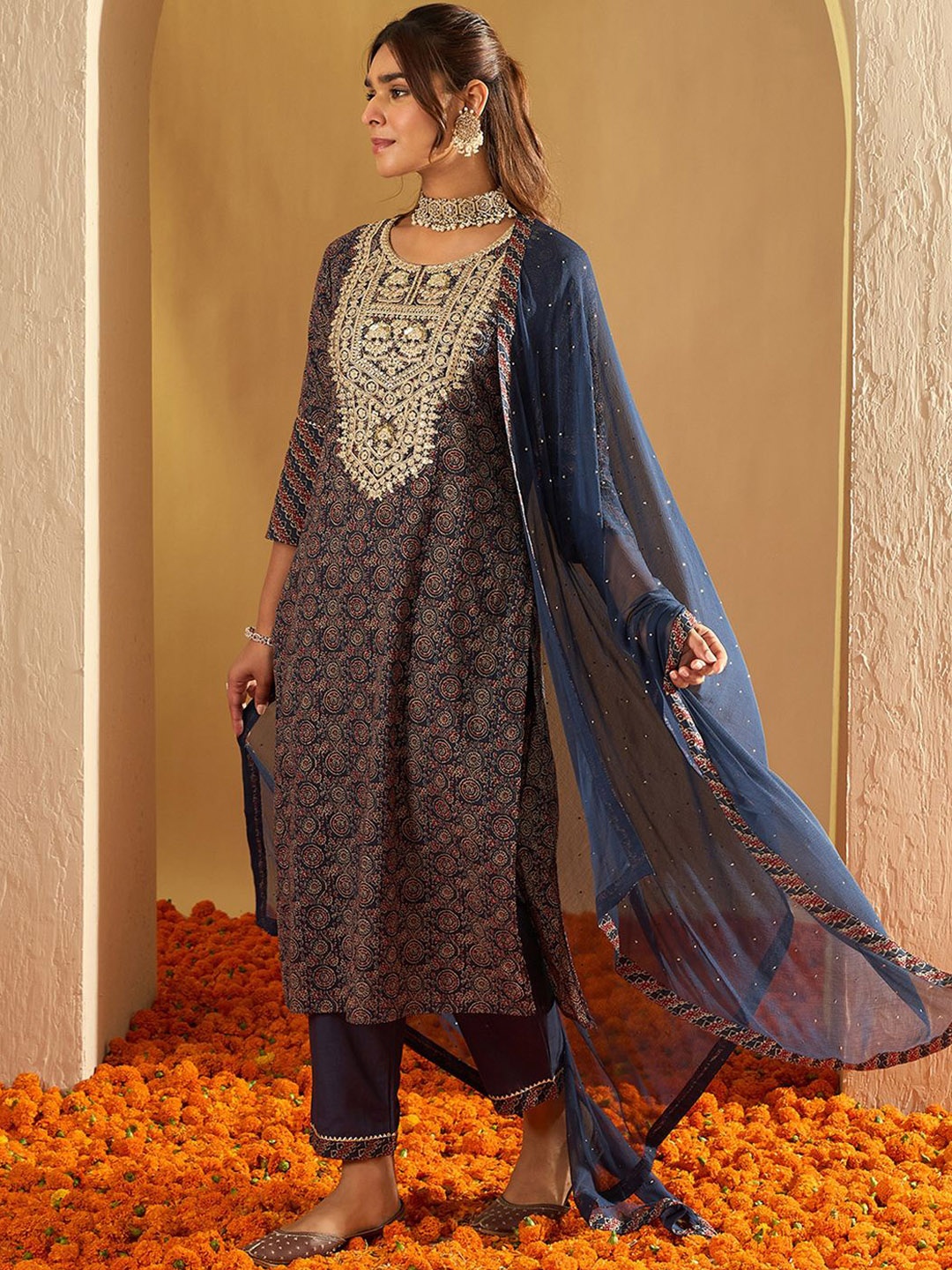 Indo Era Ethnic Motifs Printed Pure Cotton Straight Kurta With Trousers & Dupatta, Blue
Indo Era Ethnic Motifs Printed Pure Cotton Straight Kurta With Trousers & Dupatta, Blue