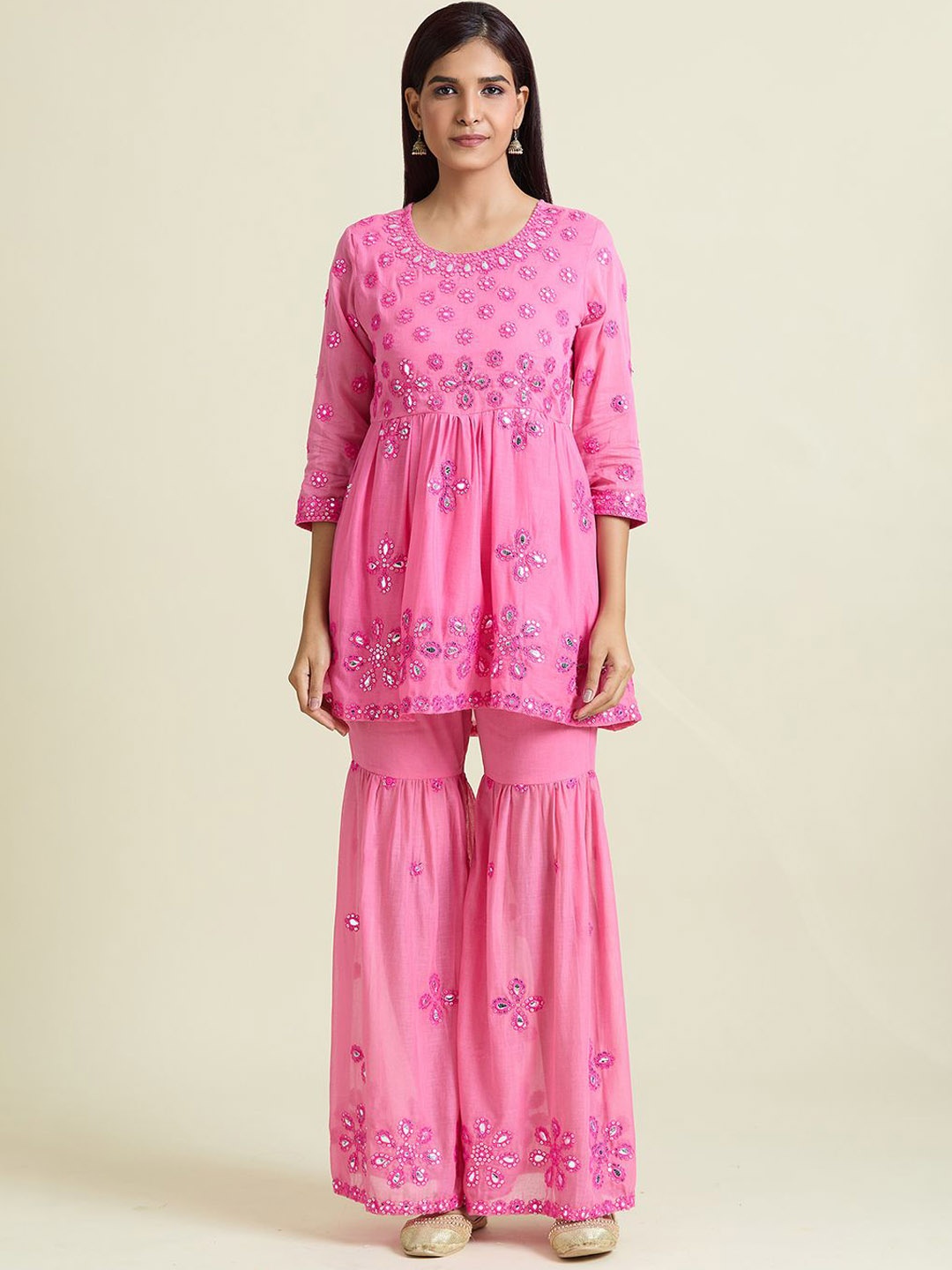 Adara Khan Floral Embroidered Mirror Work Pure Cotton Kurti with Sharara & Dupatta, Pink
Adara Khan Floral Embroidered Mirror Work Pure Cotton Kurti with Sharara & Dupatta, Pink