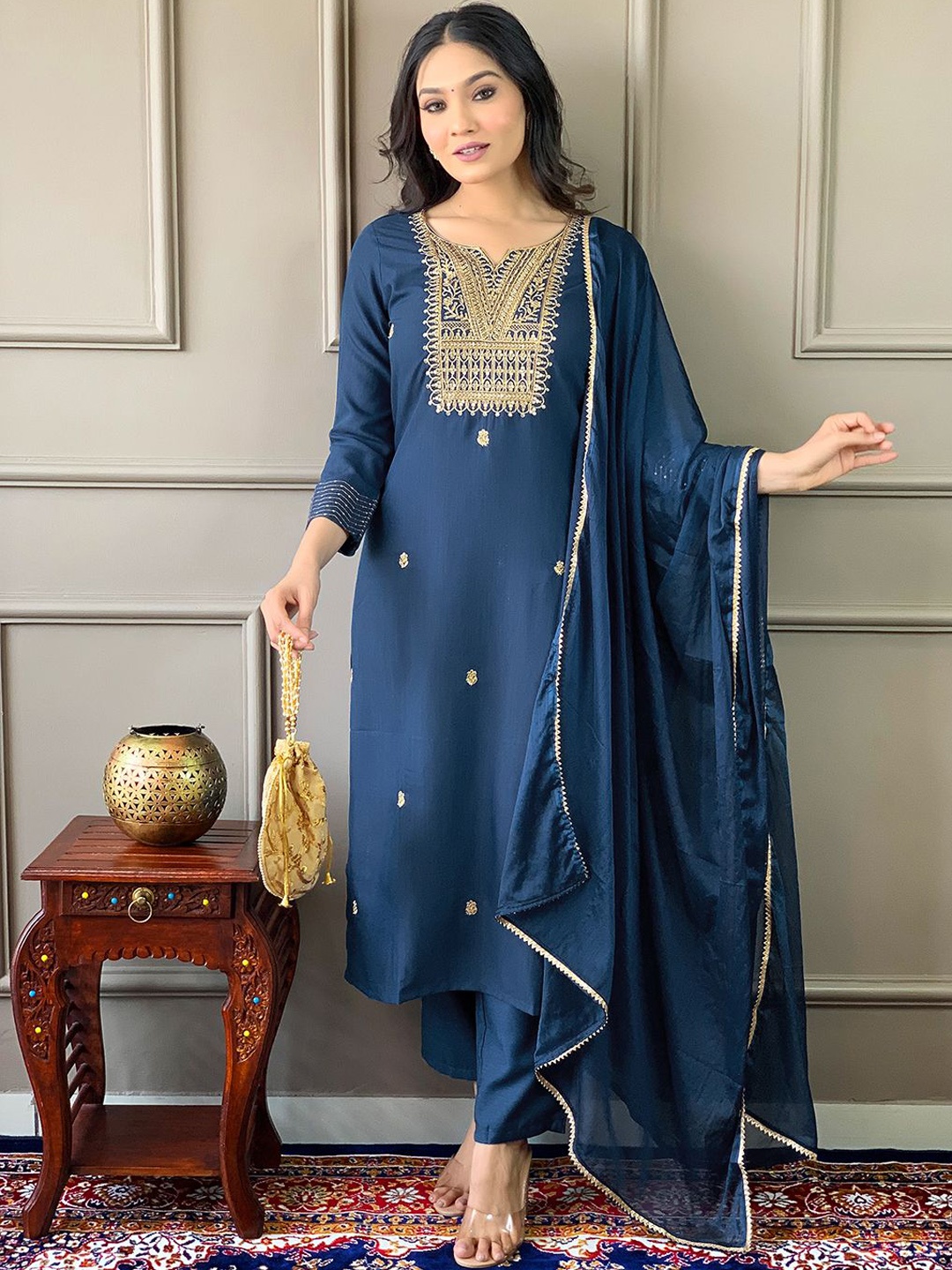 BHUMIKA CREATION Ethnic Motifs Embroidered Straight Kurta With Trousers & Dupatta, Blue
BHUMIKA CREATION Ethnic Motifs Embroidered Straight Kurta With Trousers & Dupatta, Blue